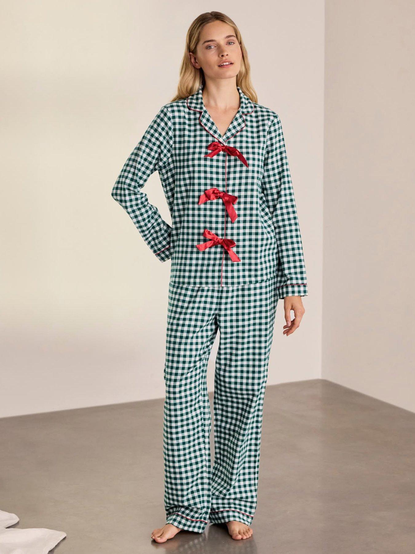 Image 1 of 7 of CHELSEA PEERS Womens Organic Cotton Gingham Tie Front Long Pyjama Set - Green