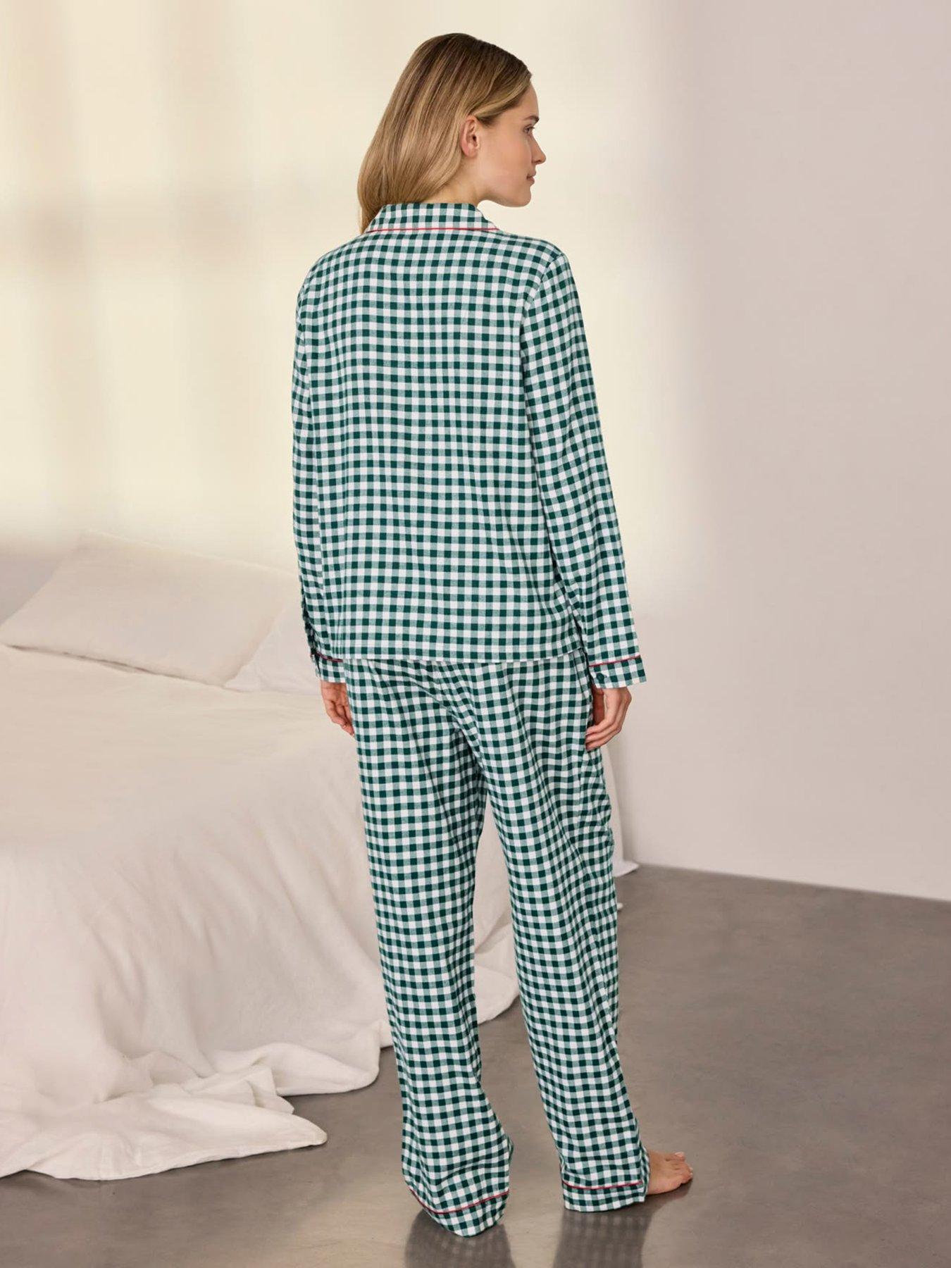 Image 2 of 7 of CHELSEA PEERS Womens Organic Cotton Gingham Tie Front Long Pyjama Set - Green