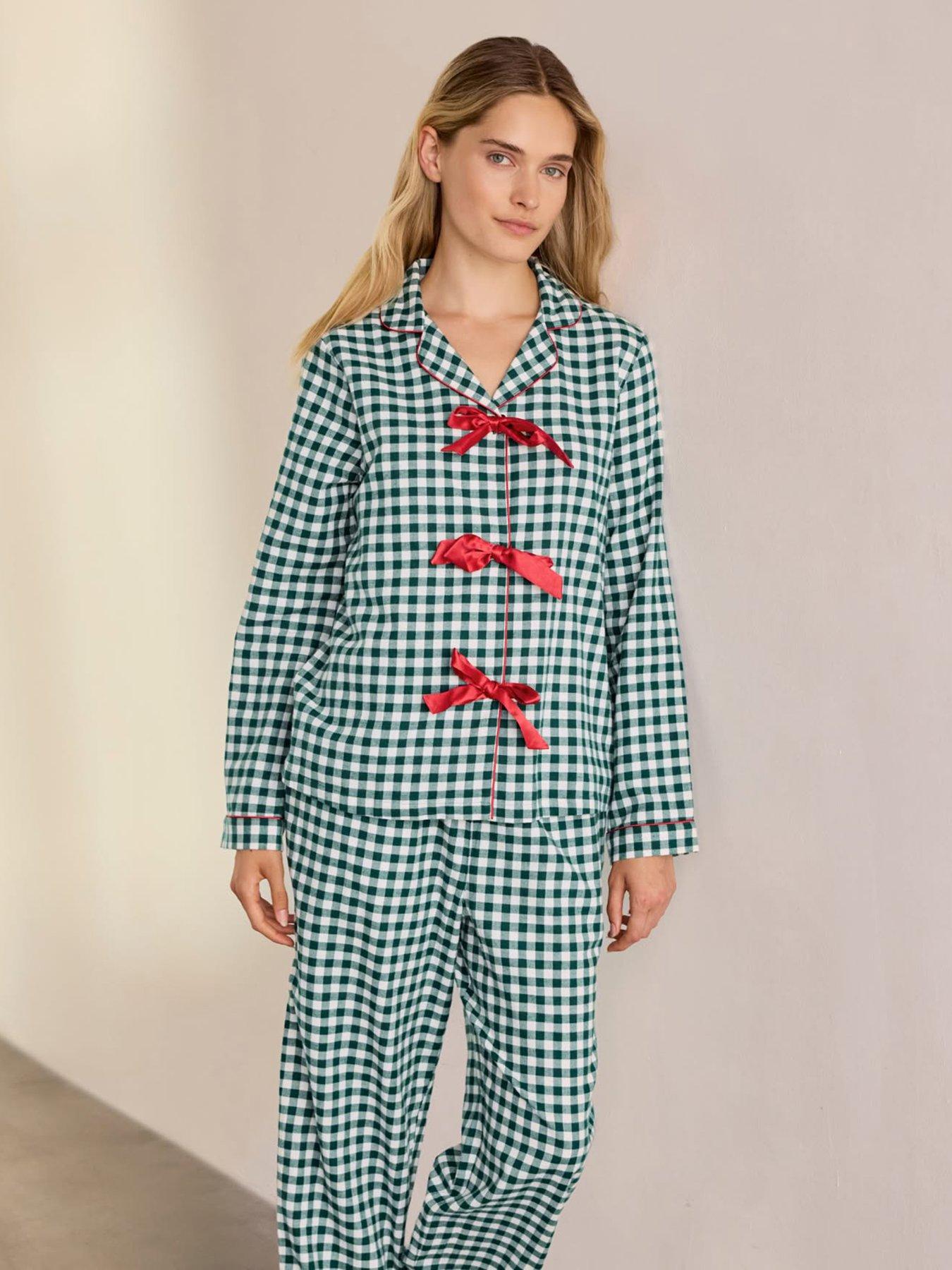 Image 3 of 7 of CHELSEA PEERS Womens Organic Cotton Gingham Tie Front Long Pyjama Set - Green