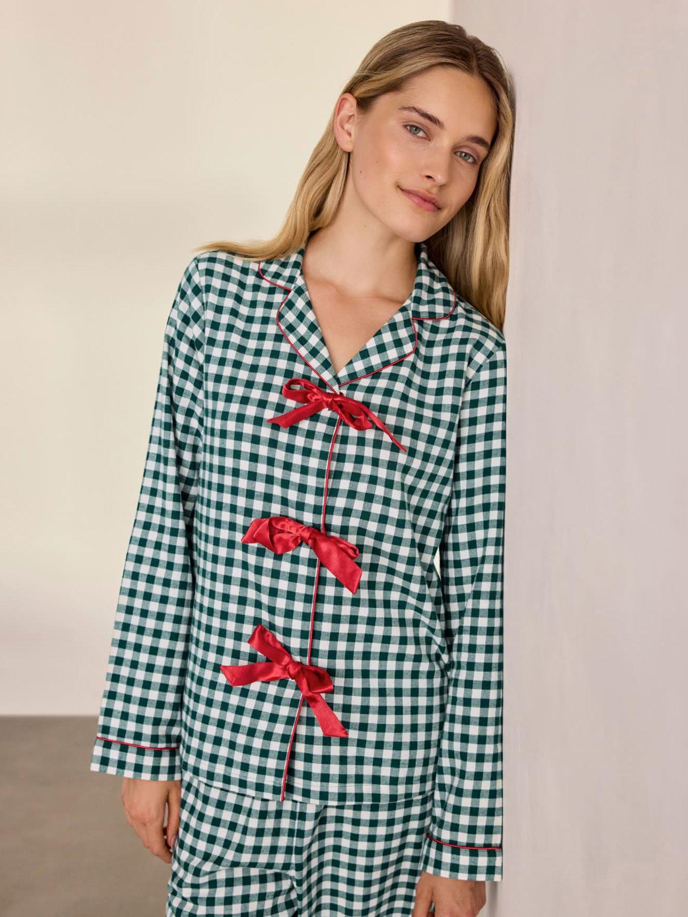 Image 5 of 7 of CHELSEA PEERS Womens Organic Cotton Gingham Tie Front Long Pyjama Set - Green