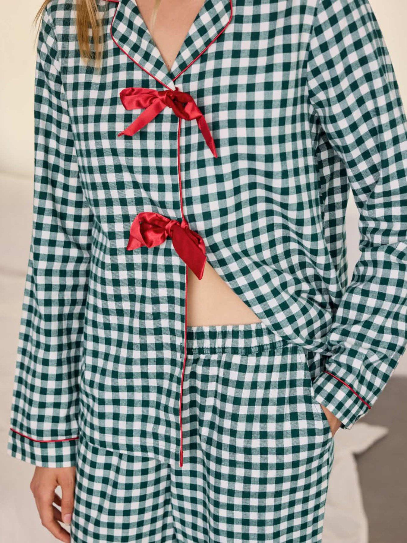 Image 6 of 7 of CHELSEA PEERS Womens Organic Cotton Gingham Tie Front Long Pyjama Set - Green