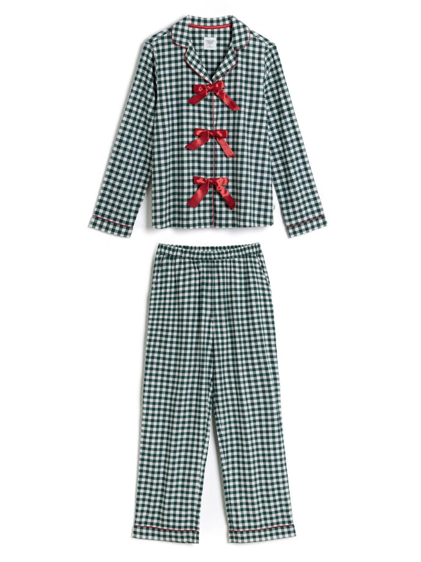 Image 7 of 7 of CHELSEA PEERS Womens Organic Cotton Gingham Tie Front Long Pyjama Set - Green