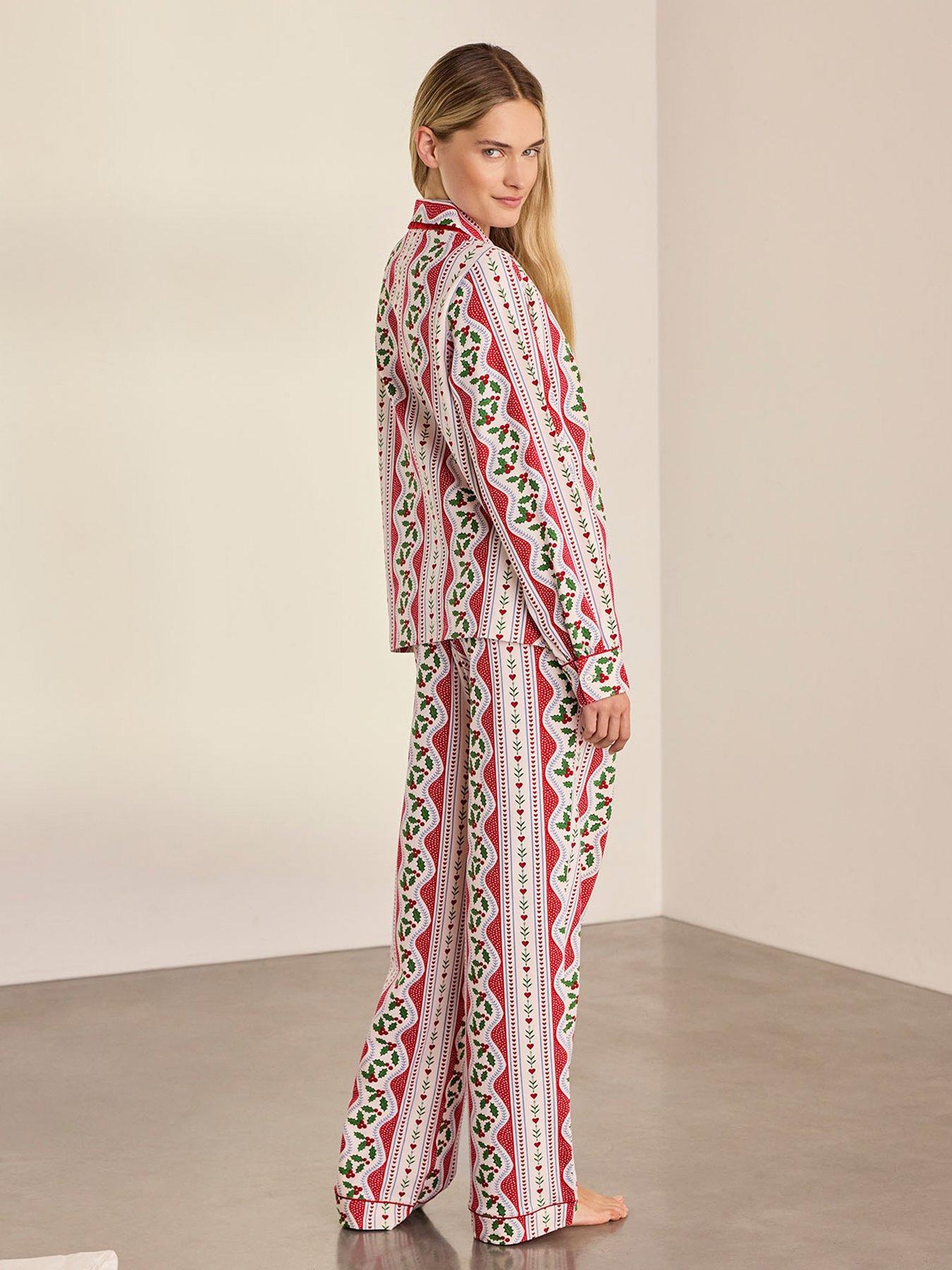 Image 2 of 6 of CHELSEA PEERS Womens Christmas Garland Holly Stripe Print Button-Through Pyjama Set - Red