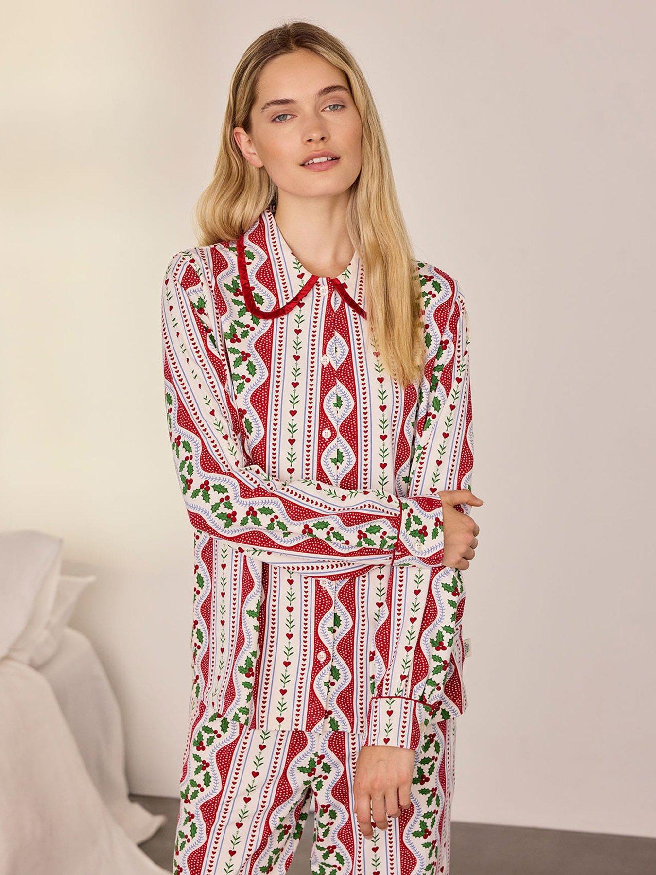 Image 3 of 6 of CHELSEA PEERS Womens Christmas Garland Holly Stripe Print Button-Through Pyjama Set - Red