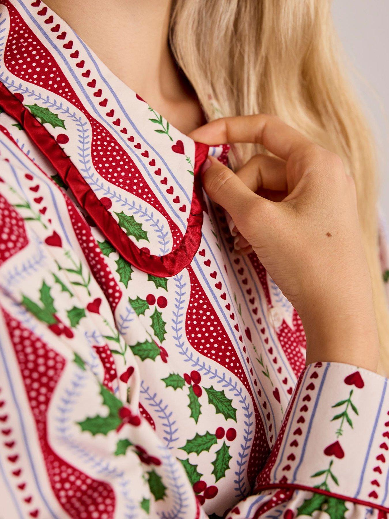Image 6 of 6 of CHELSEA PEERS Womens Christmas Garland Holly Stripe Print Button-Through Pyjama Set - Red