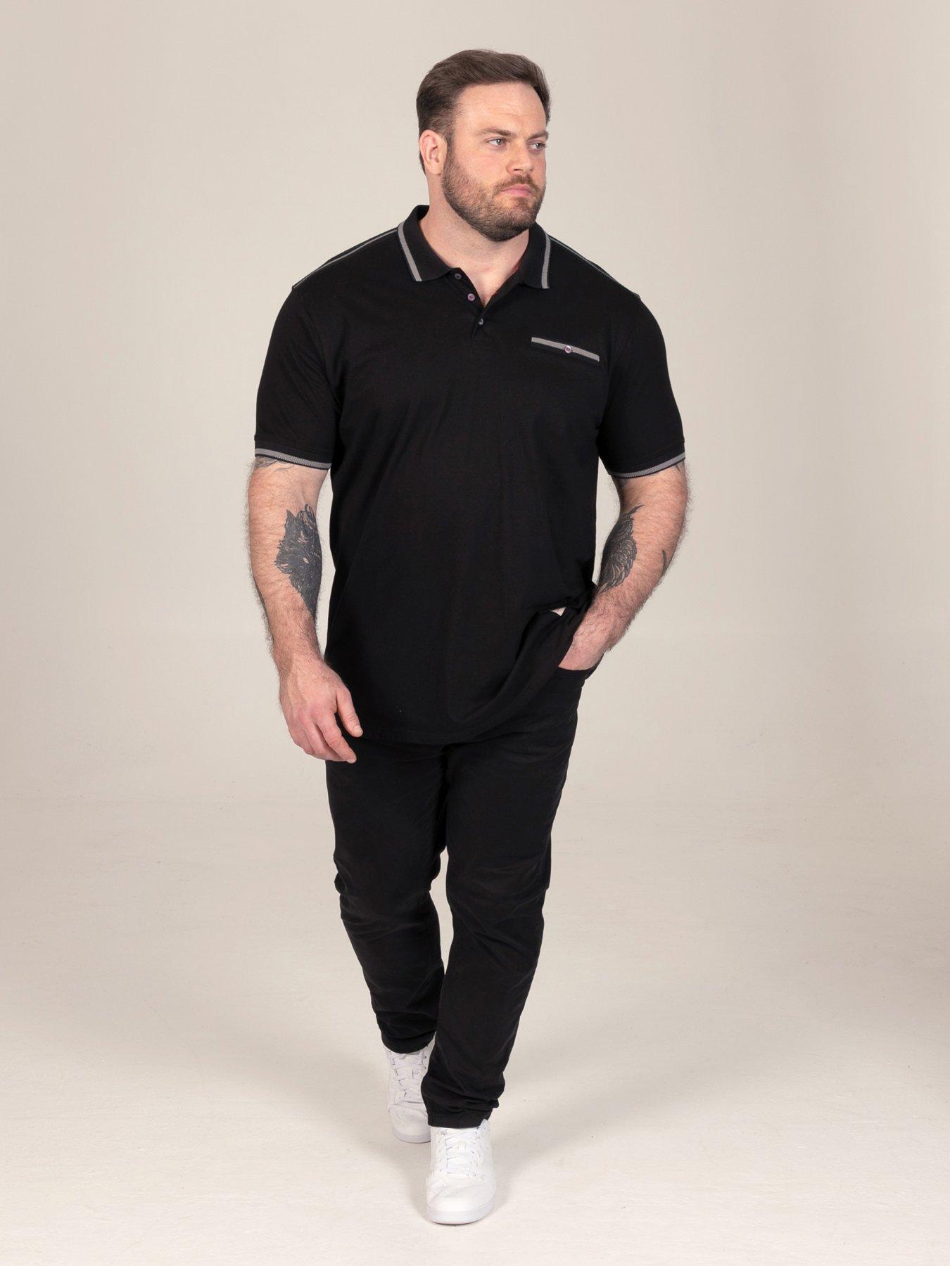 Image 3 of 7 of D555 Mens Jacquard Collar Contrast Panels Jersey Polo Shirt - Black