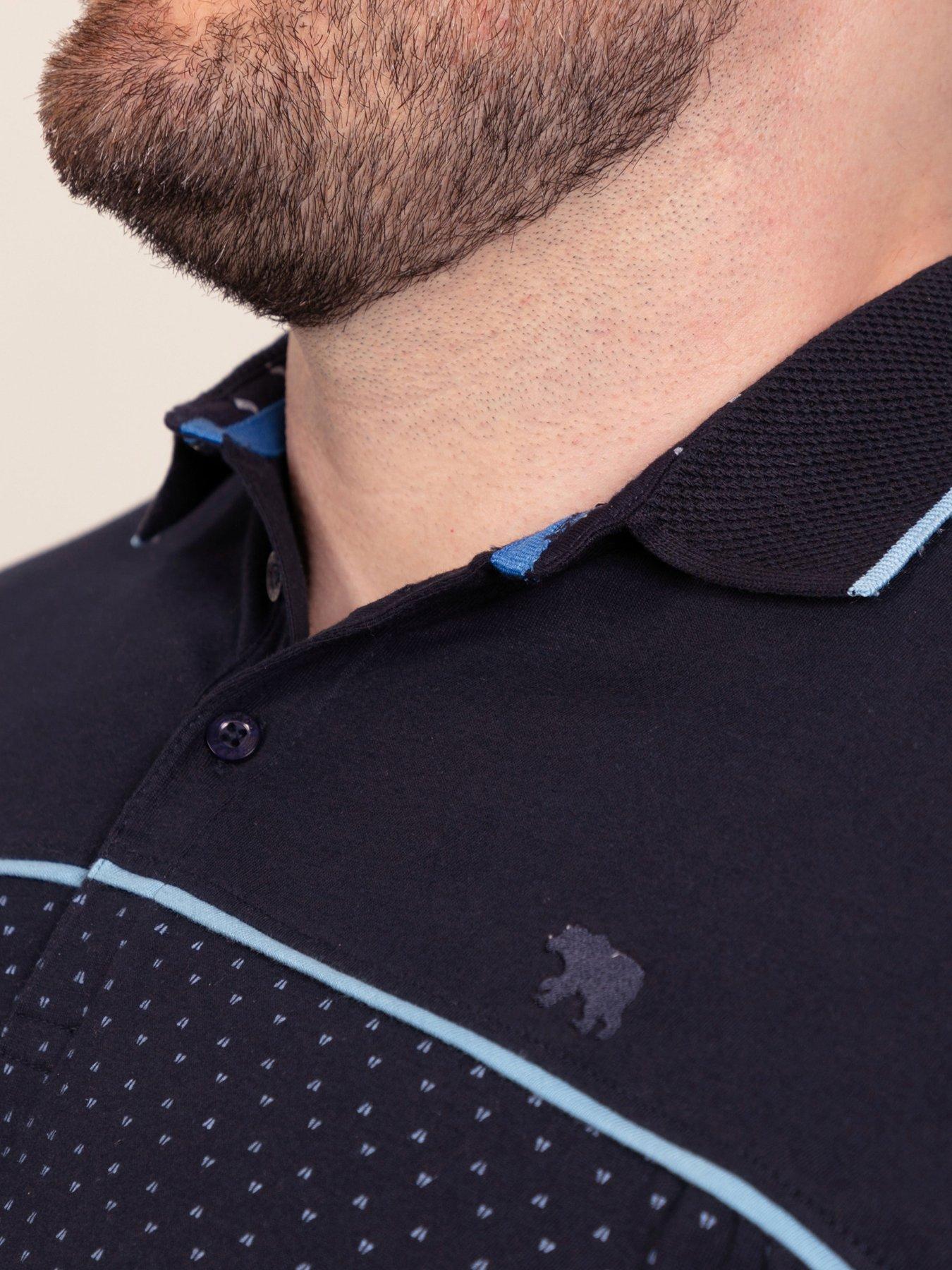 Image 4 of 7 of D555 Mens Jacquard Collar Contrast Piping AOP Polo Shirt - Navy