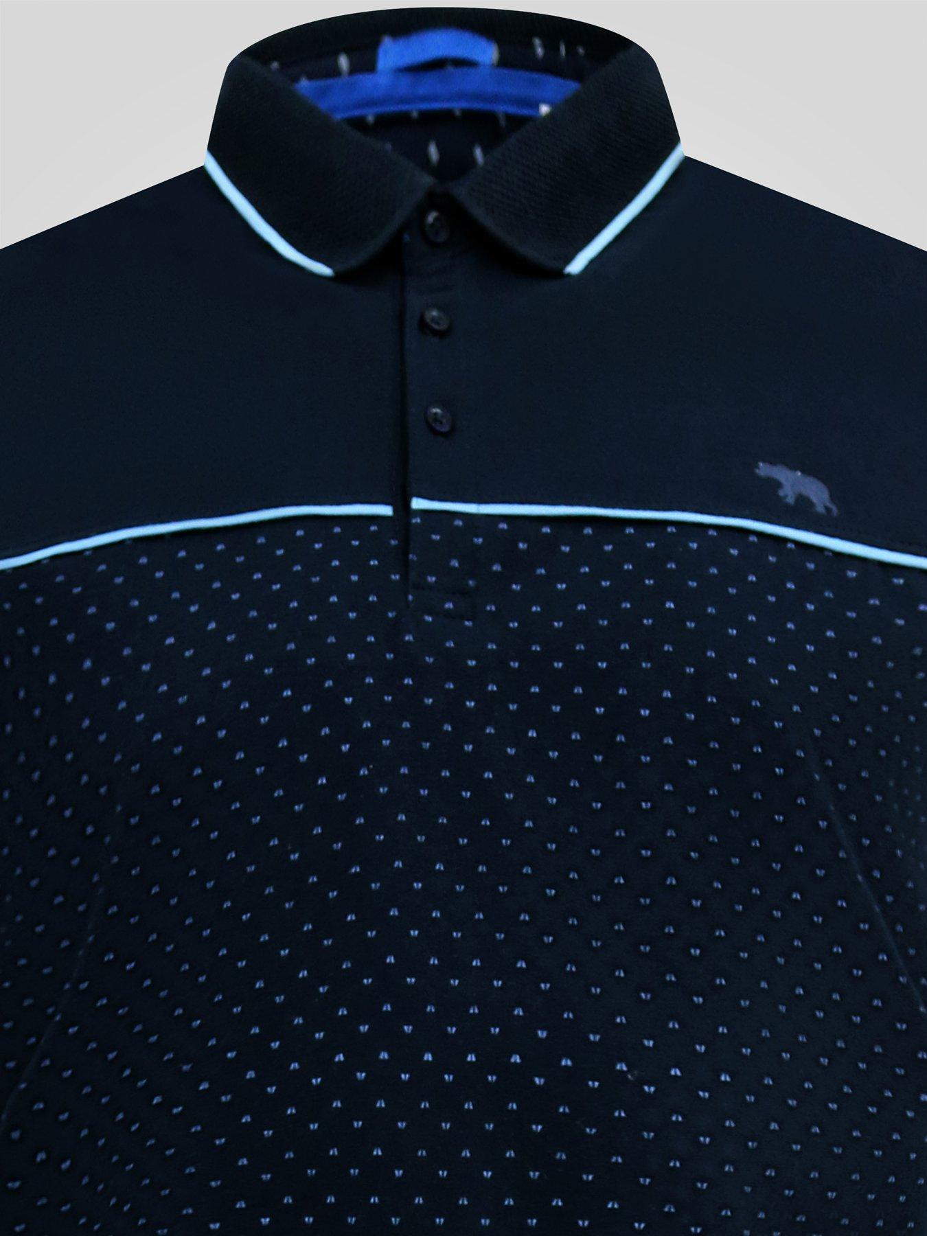 Image 7 of 7 of D555 Mens Jacquard Collar Contrast Piping AOP Polo Shirt - Navy