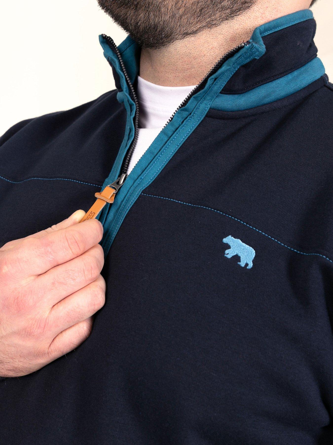 Image 4 of 7 of D555 Navy 1/4 Zip Neck Fleece Sweatshirt With Bear Chest Embroidery