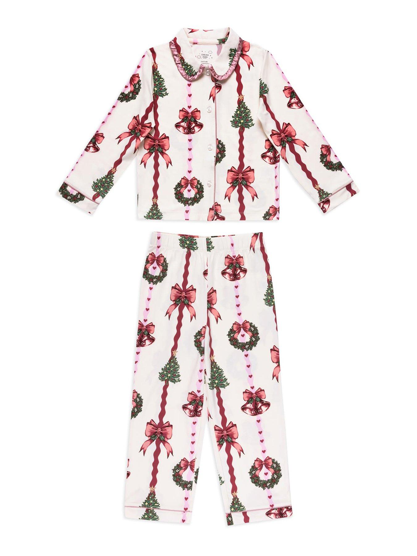 Image 2 of 7 of CHELSEA PEERS Kids Christmas Ribbon Stripe Print Long Pyjama Set - Off White