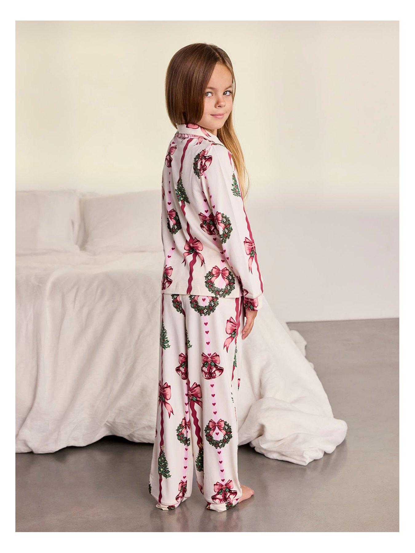 Image 3 of 7 of CHELSEA PEERS Kids Christmas Ribbon Stripe Print Long Pyjama Set - Off White