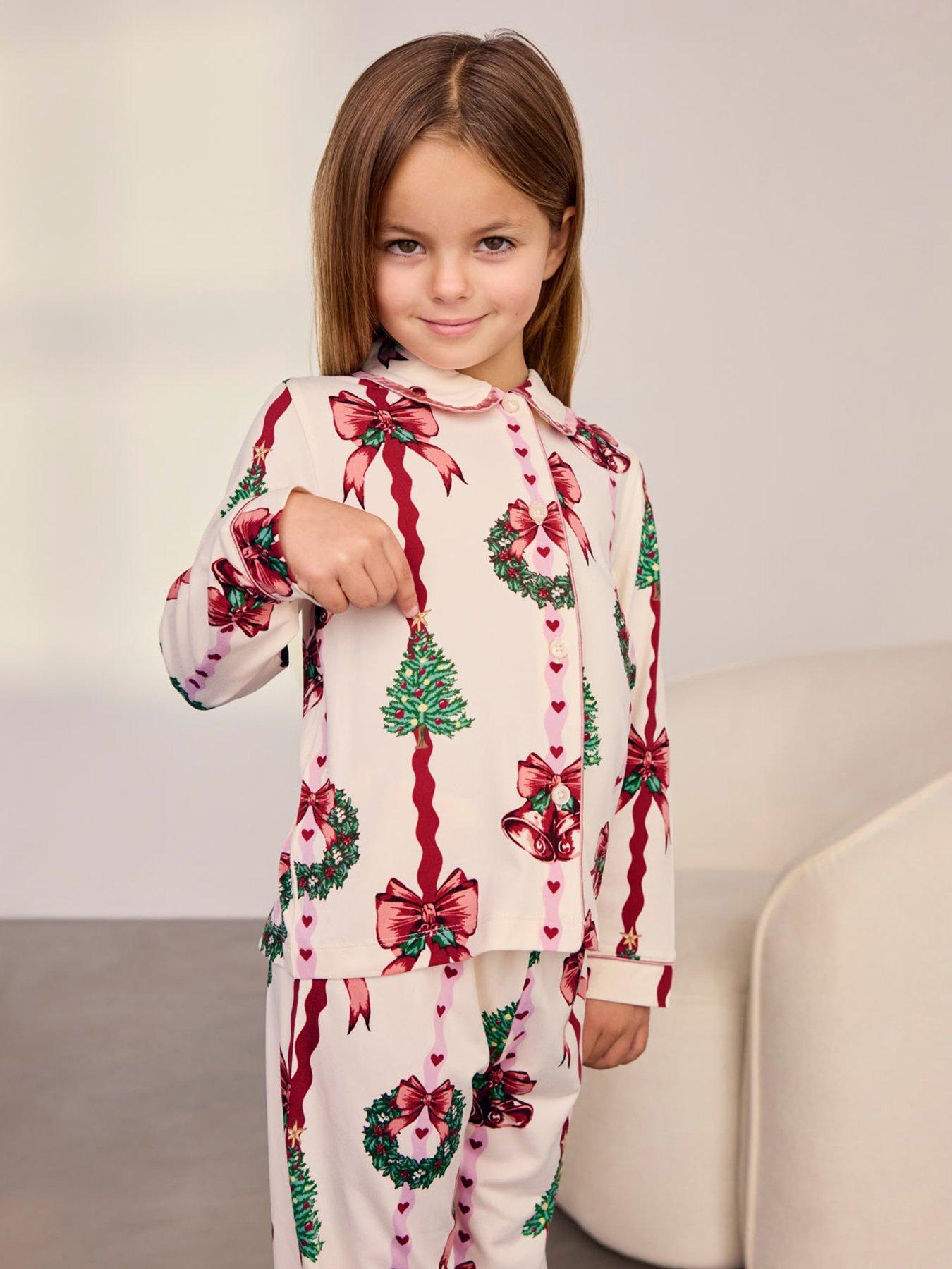Image 4 of 7 of CHELSEA PEERS Kids Christmas Ribbon Stripe Print Long Pyjama Set - Off White