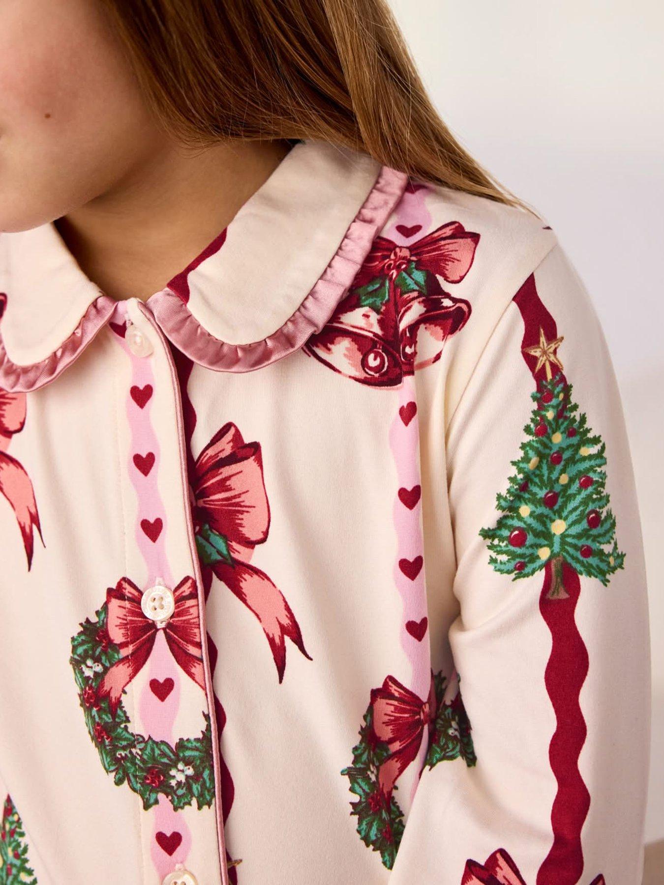 Image 5 of 7 of CHELSEA PEERS Kids Christmas Ribbon Stripe Print Long Pyjama Set - Off White