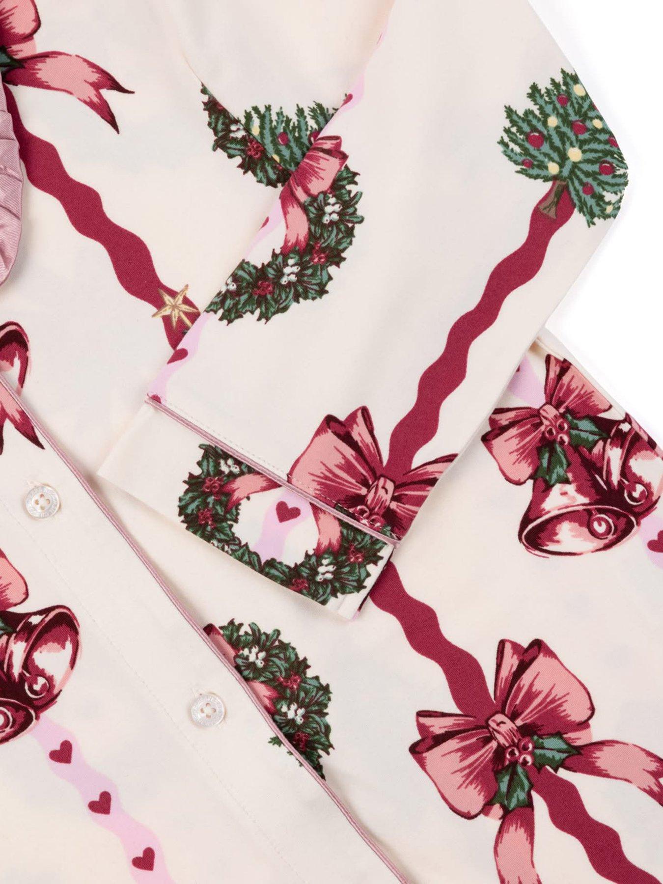 Image 6 of 7 of CHELSEA PEERS Kids Christmas Ribbon Stripe Print Long Pyjama Set - Off White
