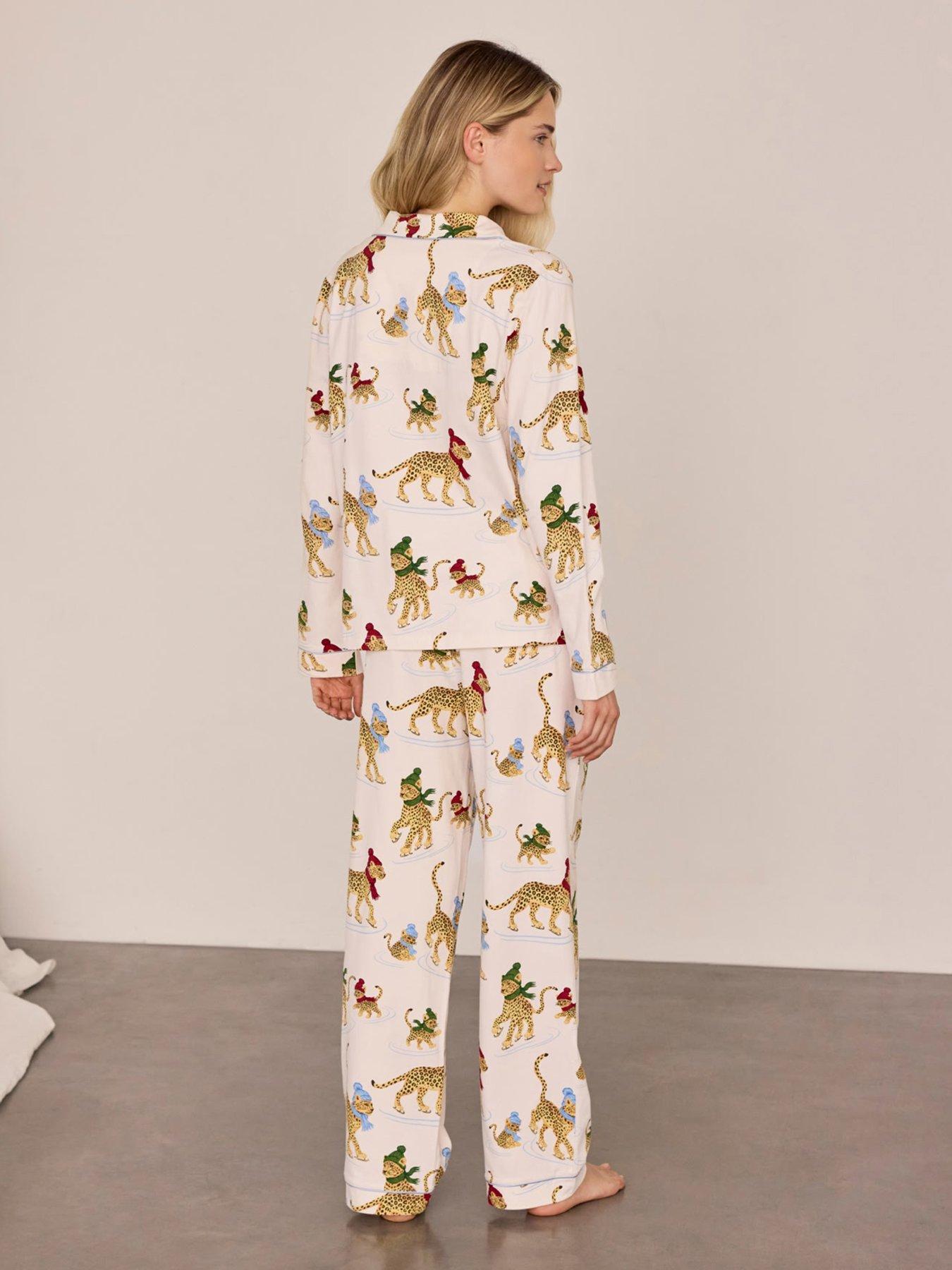 Image 2 of 6 of CHELSEA PEERS Womens Ice Skating Leopards Print Long Pyjama Set - White