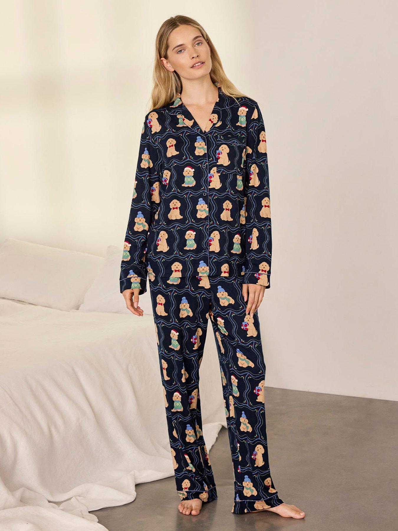 Image 1 of 6 of CHELSEA PEERS Womens Christmas Chip The Cockapoo Print Button Up Pyjama Set - Dark Blue