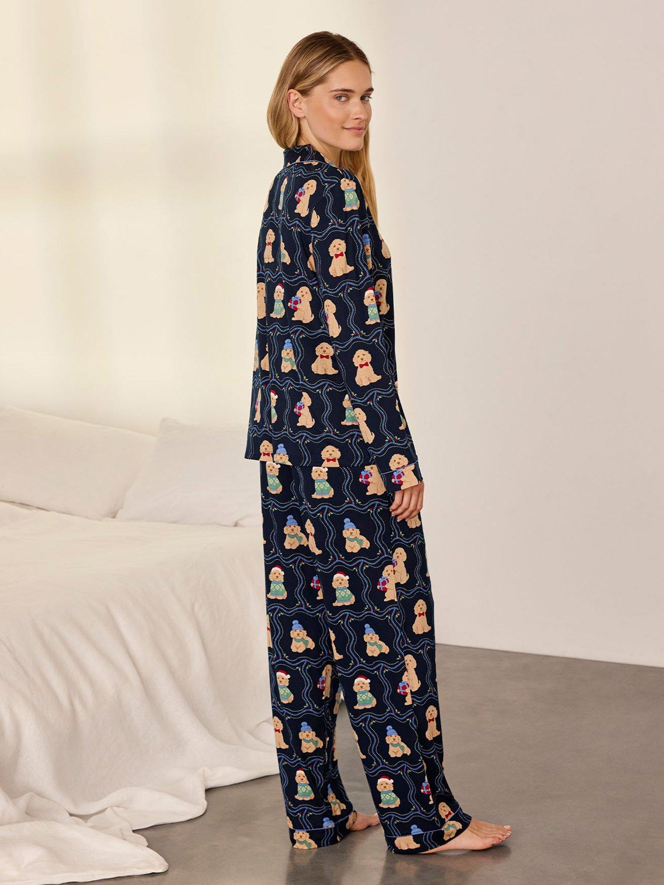 Image 2 of 6 of CHELSEA PEERS Womens Christmas Chip The Cockapoo Print Button Up Pyjama Set - Dark Blue