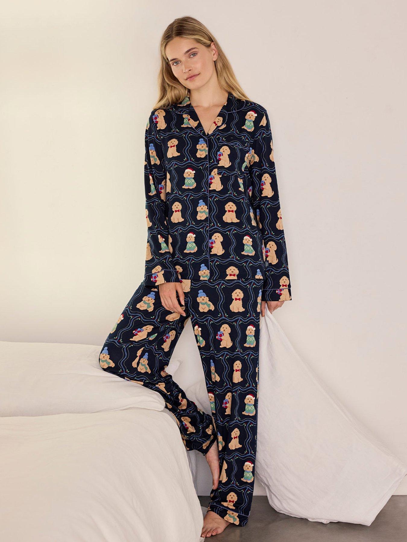 Image 3 of 6 of CHELSEA PEERS Womens Christmas Chip The Cockapoo Print Button Up Pyjama Set - Dark Blue