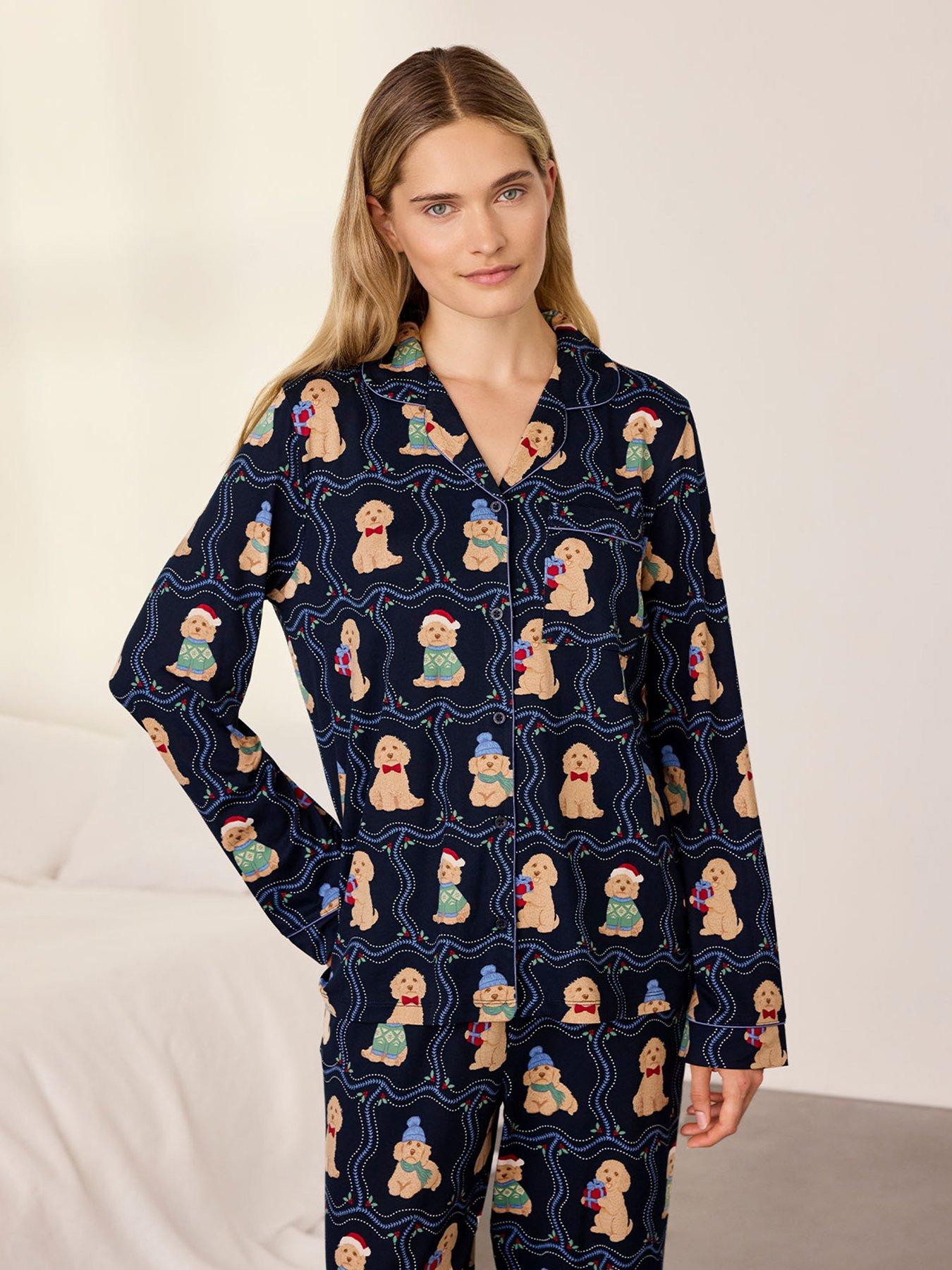 Image 4 of 6 of CHELSEA PEERS Womens Christmas Chip The Cockapoo Print Button Up Pyjama Set - Dark Blue