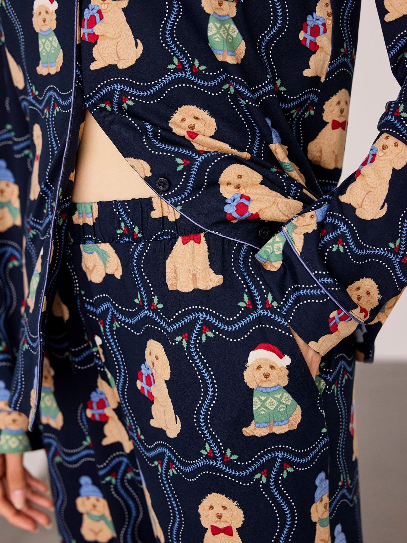 Image 5 of 6 of CHELSEA PEERS Womens Christmas Chip The Cockapoo Print Button Up Pyjama Set - Dark Blue