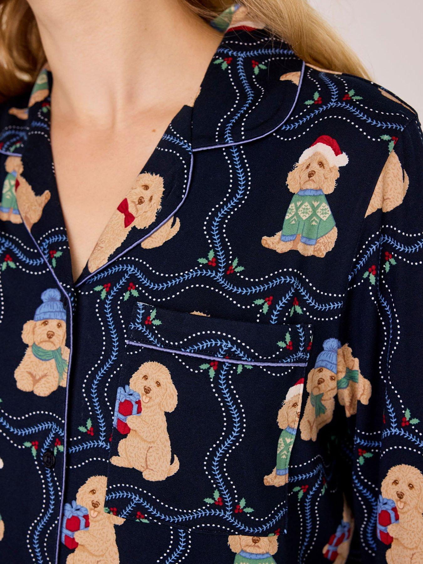 Image 6 of 6 of CHELSEA PEERS Womens Christmas Chip The Cockapoo Print Button Up Pyjama Set - Dark Blue