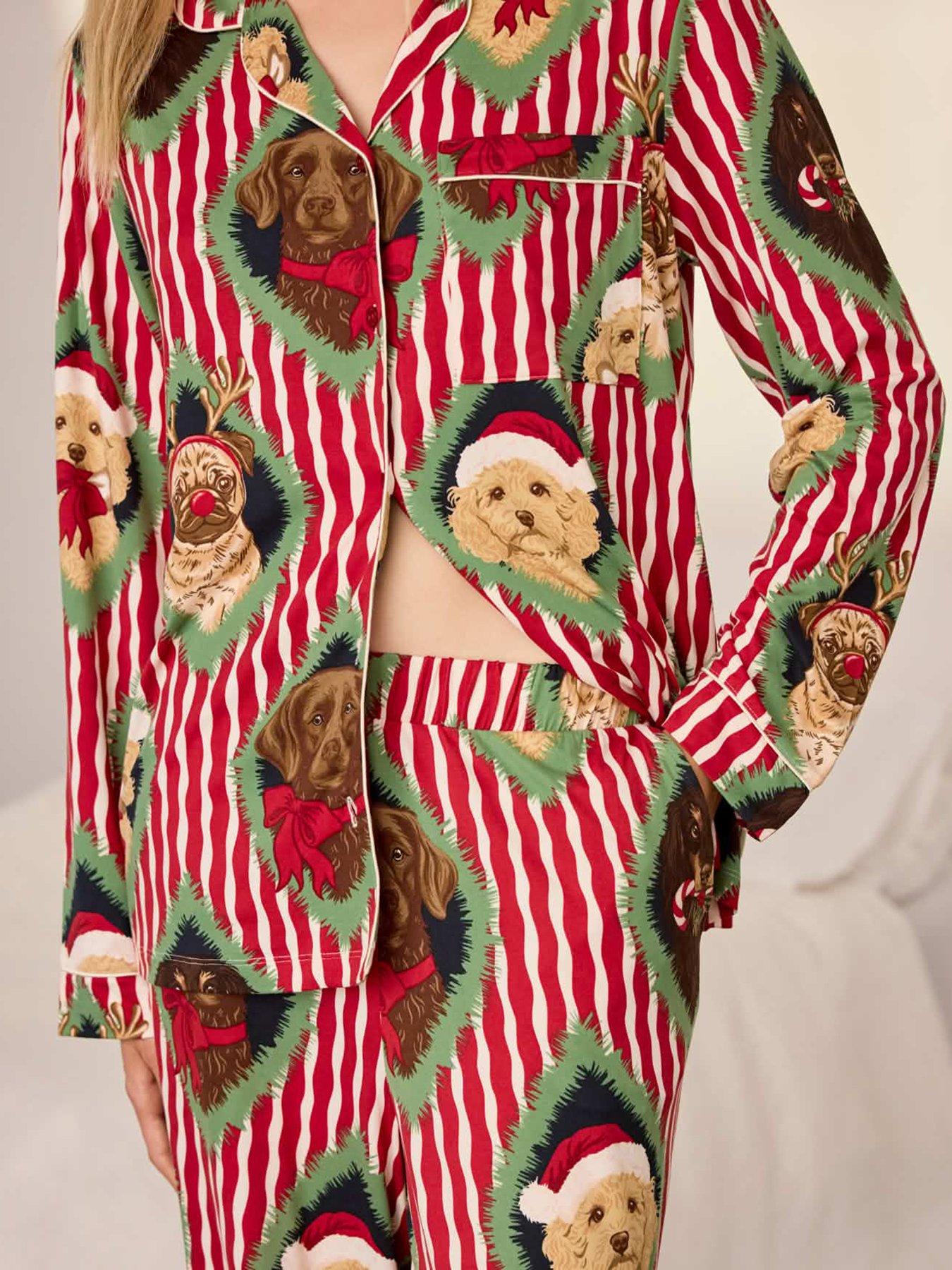 Image 5 of 6 of CHELSEA PEERS Womens Christmas Chip &amp; Friends Stripe Print Long Pyjama Set - Red