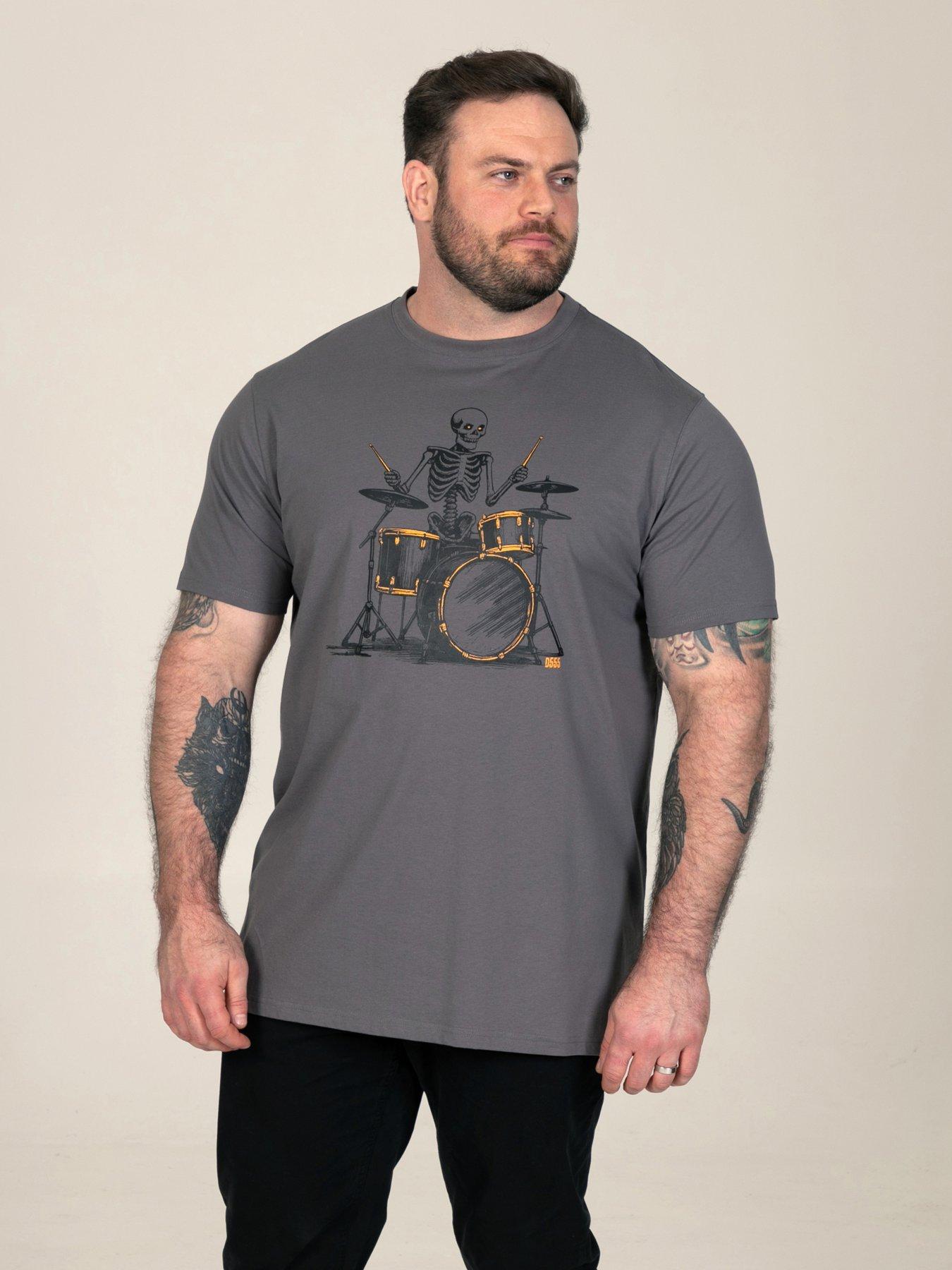 Image 1 of 7 of D555 Mens Skelton Playing Drums Skeleton Print Crew Neck T-Shirt - Grey