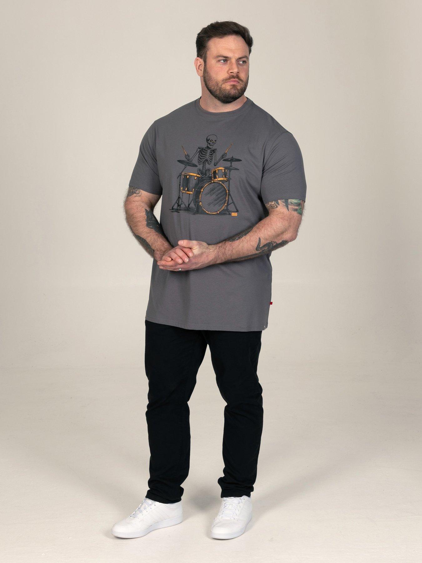 Image 3 of 7 of D555 Mens Skelton Playing Drums Skeleton Print Crew Neck T-Shirt - Grey