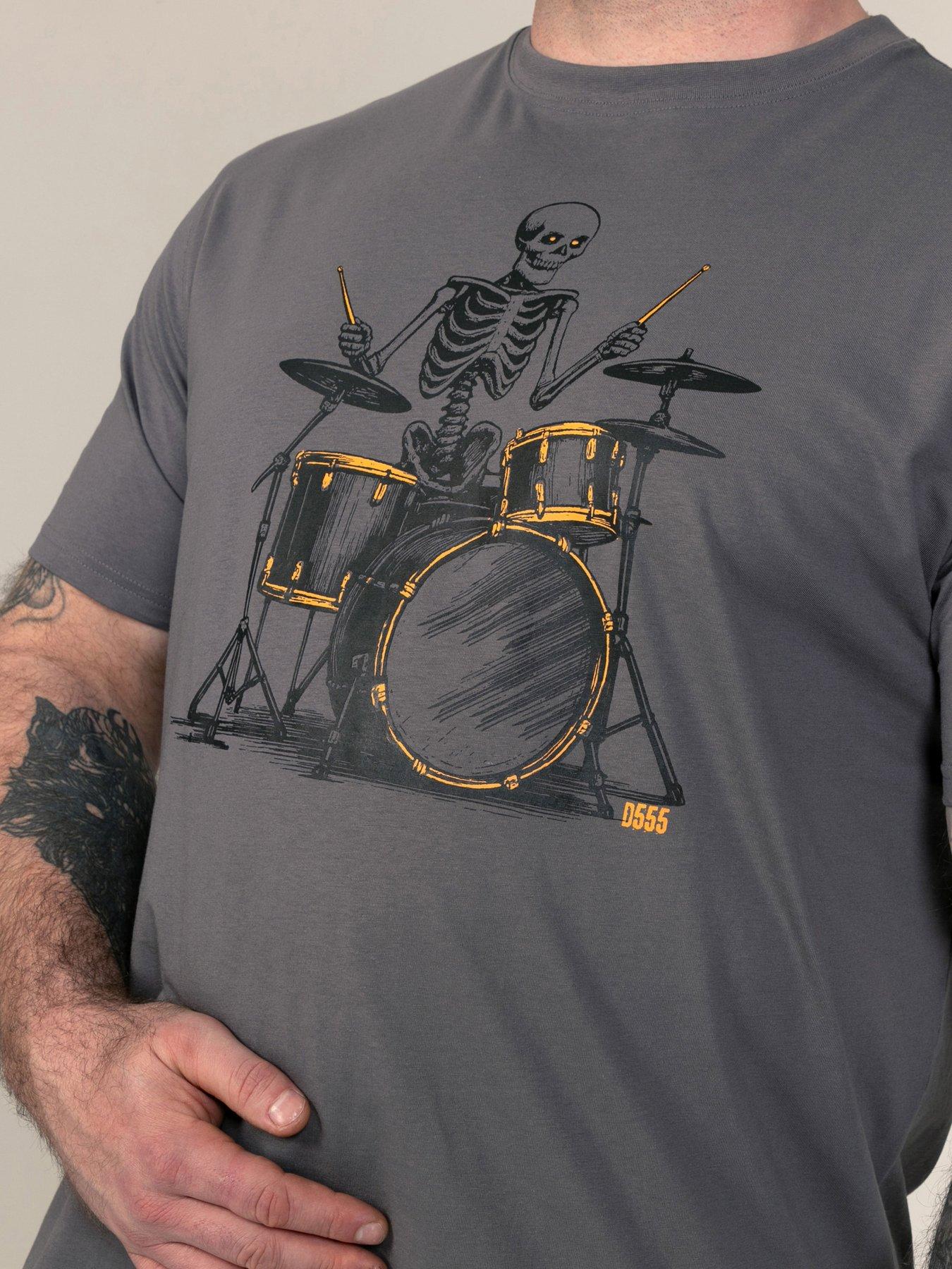 Image 4 of 7 of D555 Mens Skelton Playing Drums Skeleton Print Crew Neck T-Shirt - Grey