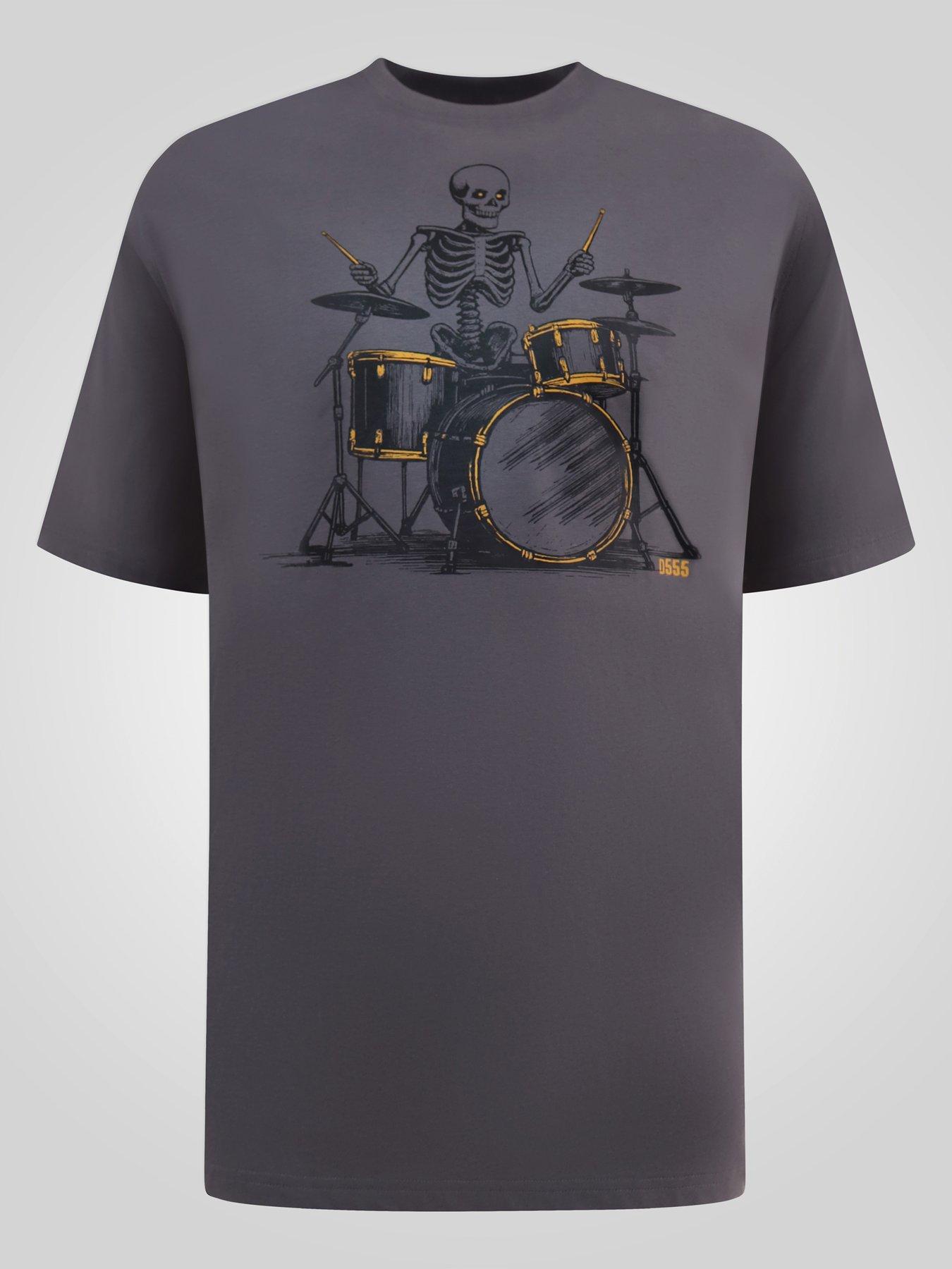 Image 7 of 7 of D555 Mens Skelton Playing Drums Skeleton Print Crew Neck T-Shirt - Grey