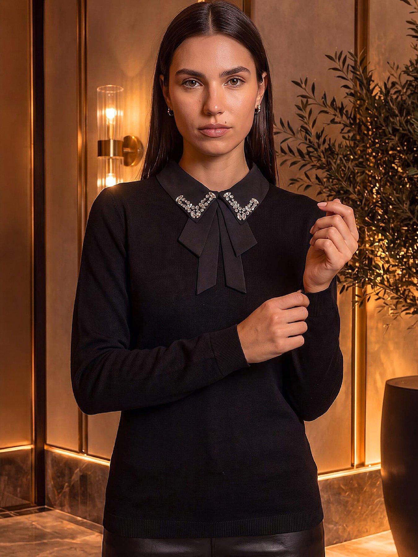Roman Women's Black Collar Knit Jumper Size 10 - Image 6