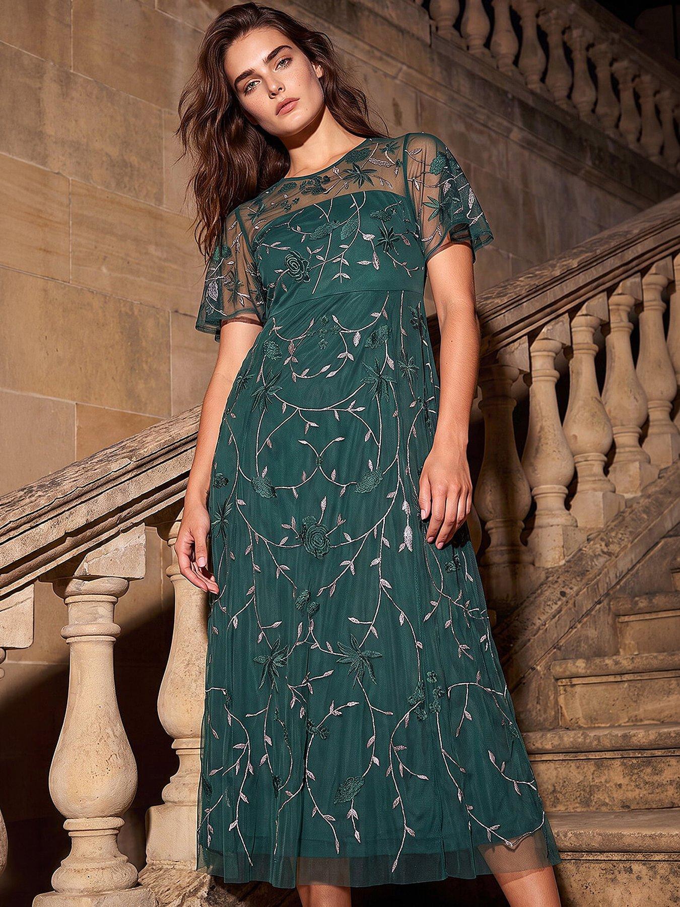 Roman Women's Green Petite Embroidered Mesh Midi Dress - Image 3