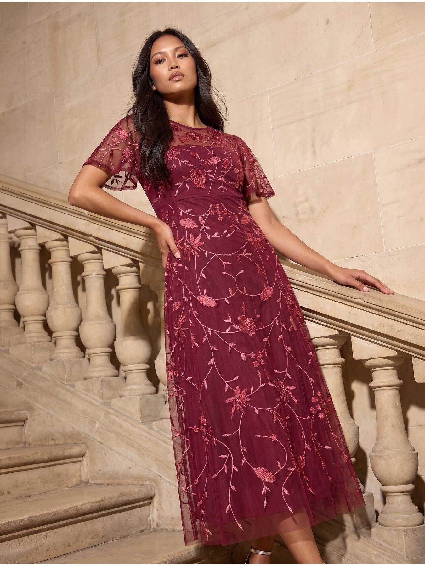 Roman Women's Wine Petite Embroidered Mesh Midi Dress In | : Size 14 - Image 2
