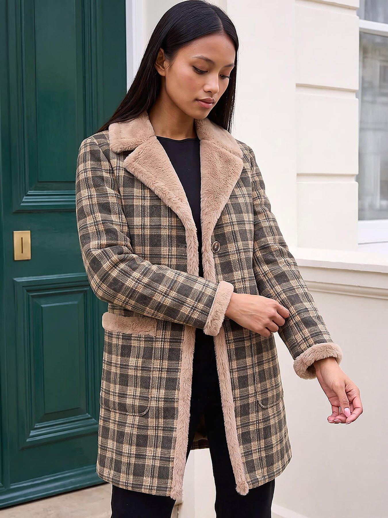 Roman Petite Women's Taupe Check Faux Fur Coat Size 16 - Image 2
