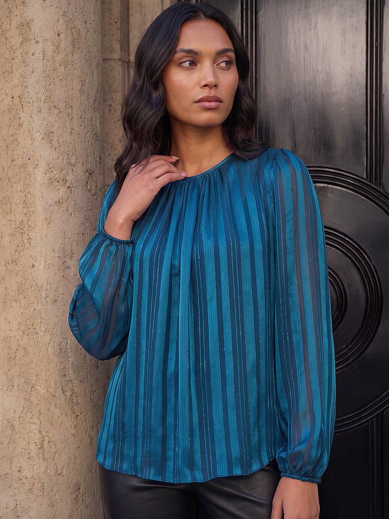 Image 1 of 4 of Roman Satin Stripe Long Sleeve Top