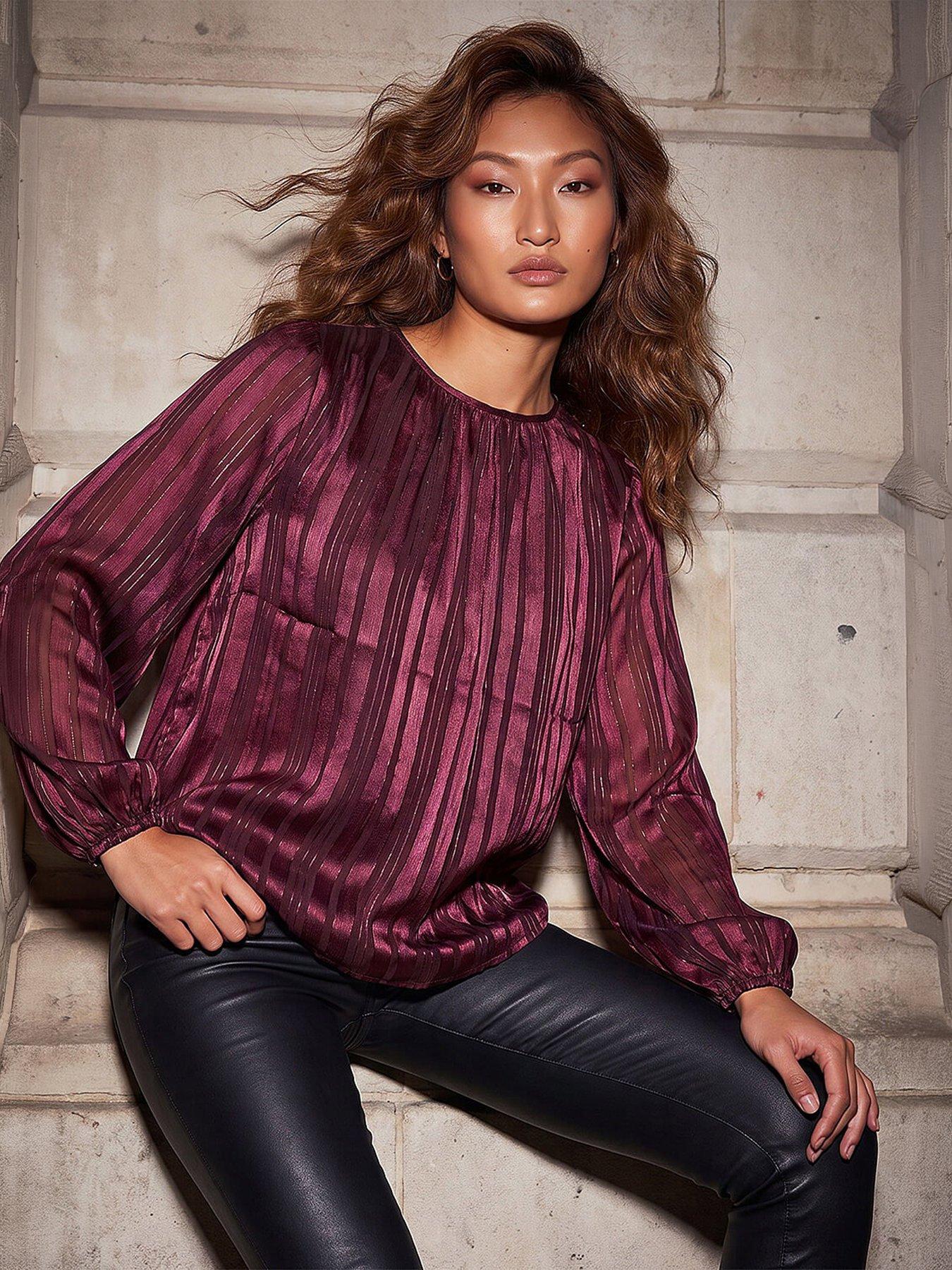 Roman Women's Wine Satin Stripe Pleated Top Size 10 - Image 2