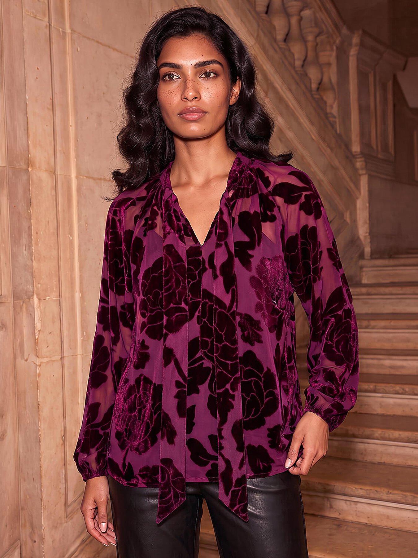 Image 4 of 4 of Roman Womens Floral Burnout Tie Front Top - Red