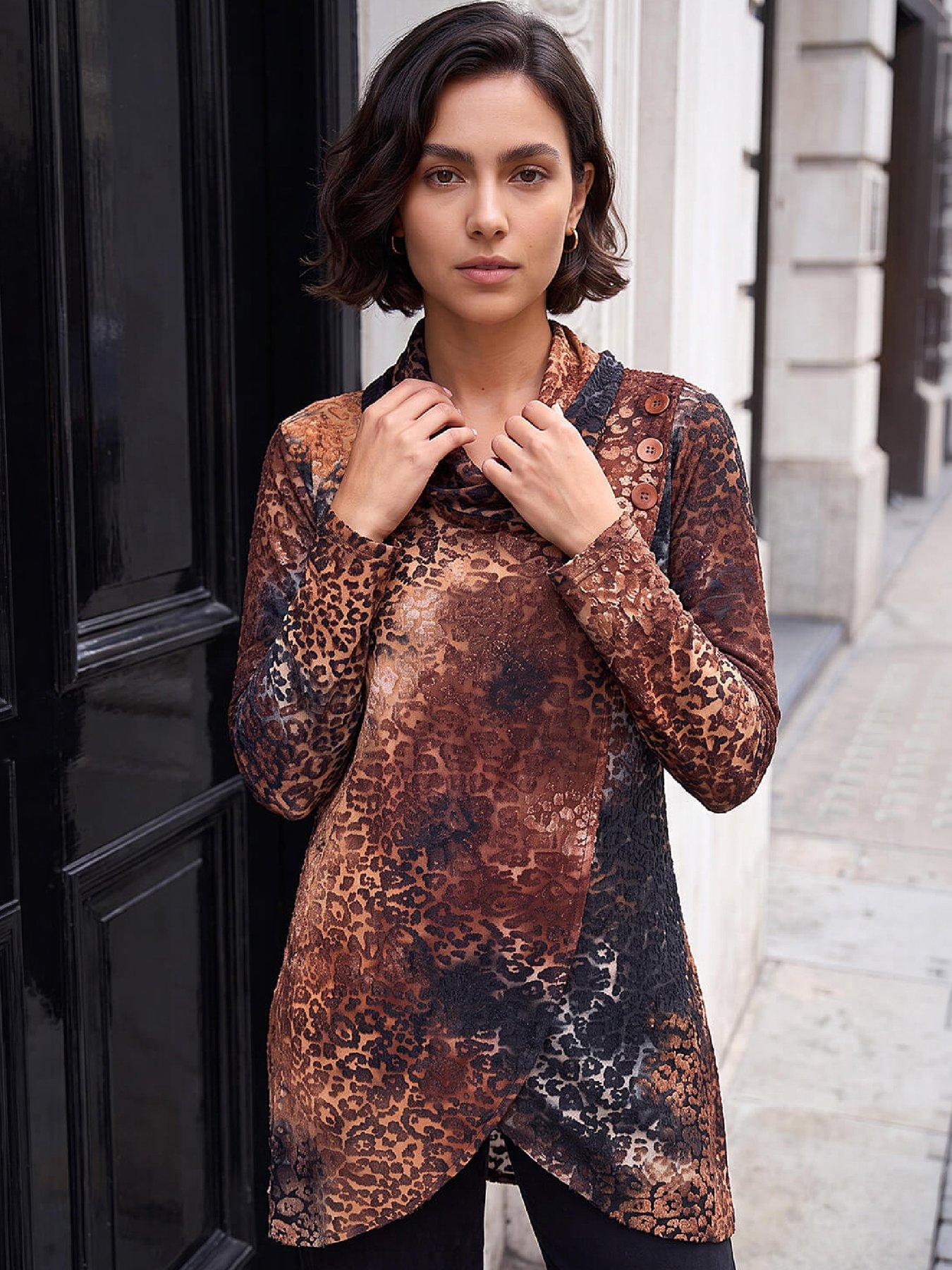 Roman Women's Tan Animal Burnout Tunic Top Size 16 - Image 6