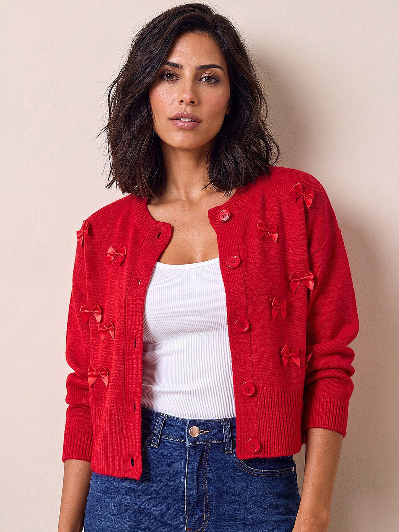 Dusk Women's Bow Detail Cardigan Sweater in Red | Size: 10 - Image 2
