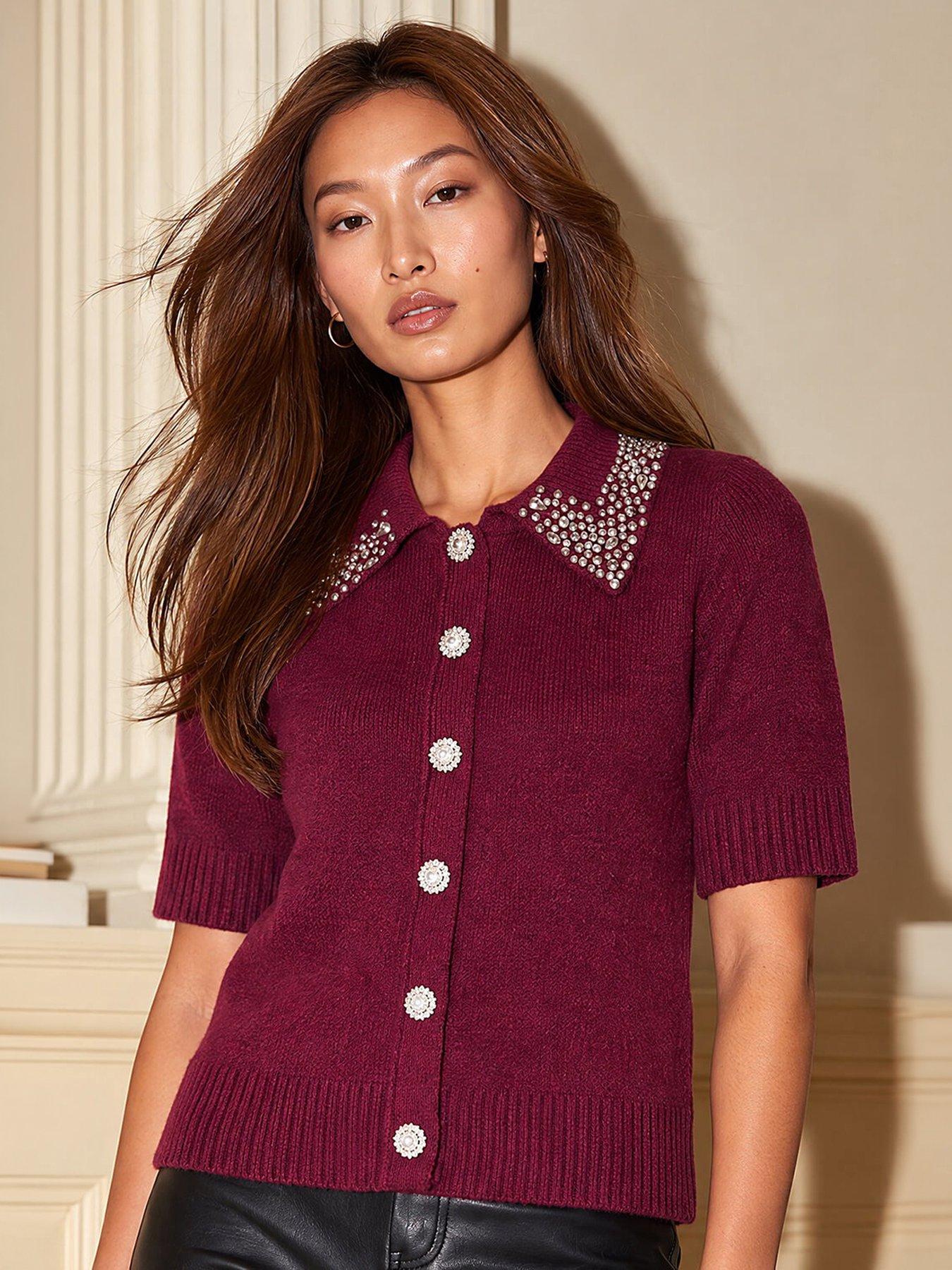Image 1 of 4 of Roman Womens Embellished Collar Button-Front Cardigan - Red