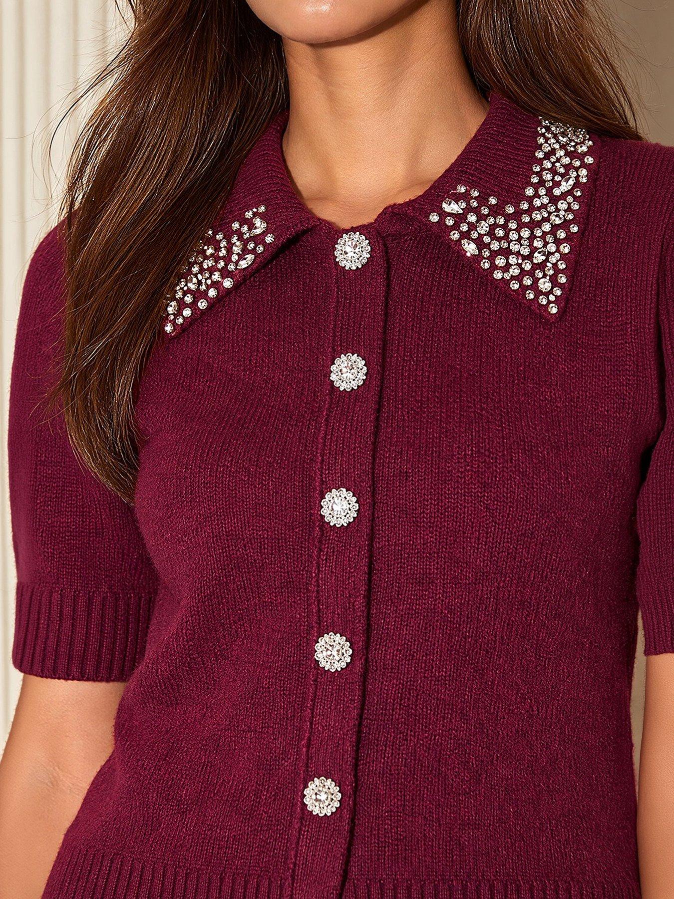 Image 2 of 4 of Roman Womens Embellished Collar Button-Front Cardigan - Red