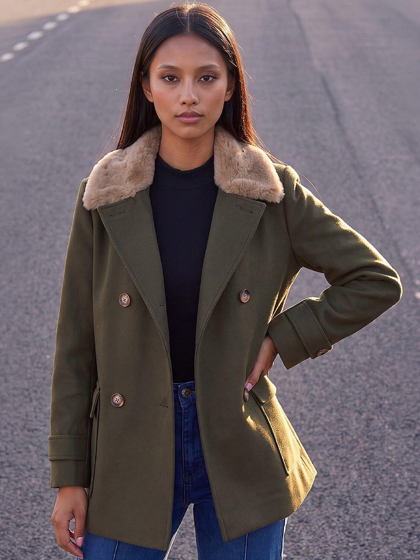 Roman Women's Khaki Petite Double Breasted Faux Fur Coat In Size 16 - Image 3
