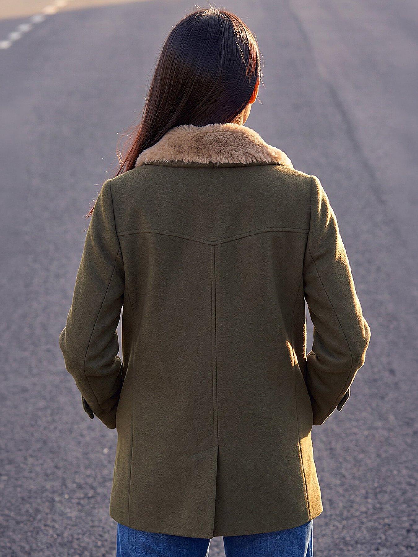 Image 2 of 4 of Roman Womens Petite Double Breasted Faux Fur Collar Coat - Green