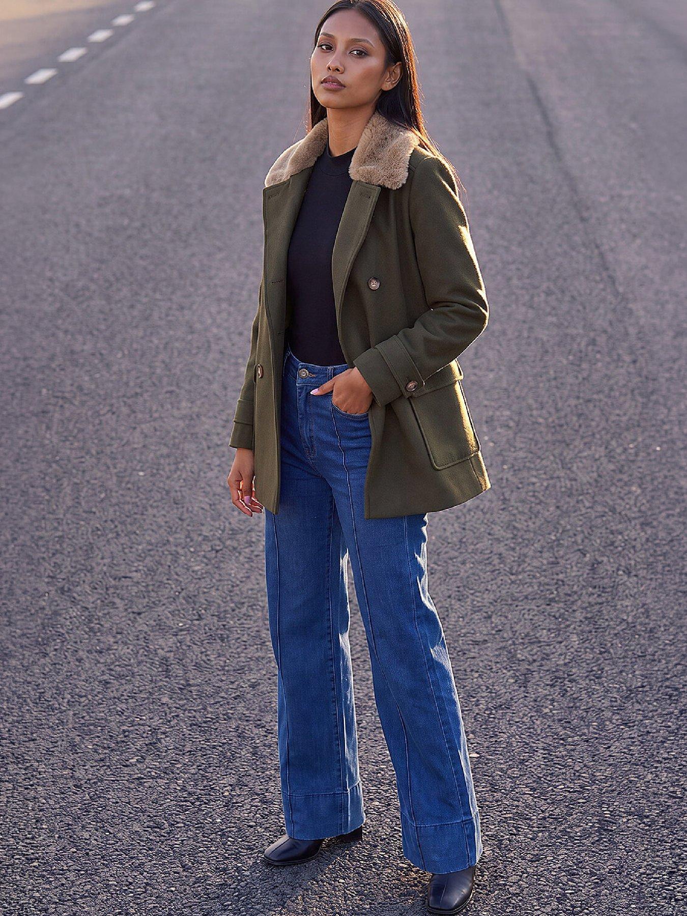 Image 3 of 4 of Roman Womens Petite Double Breasted Faux Fur Collar Coat - Green