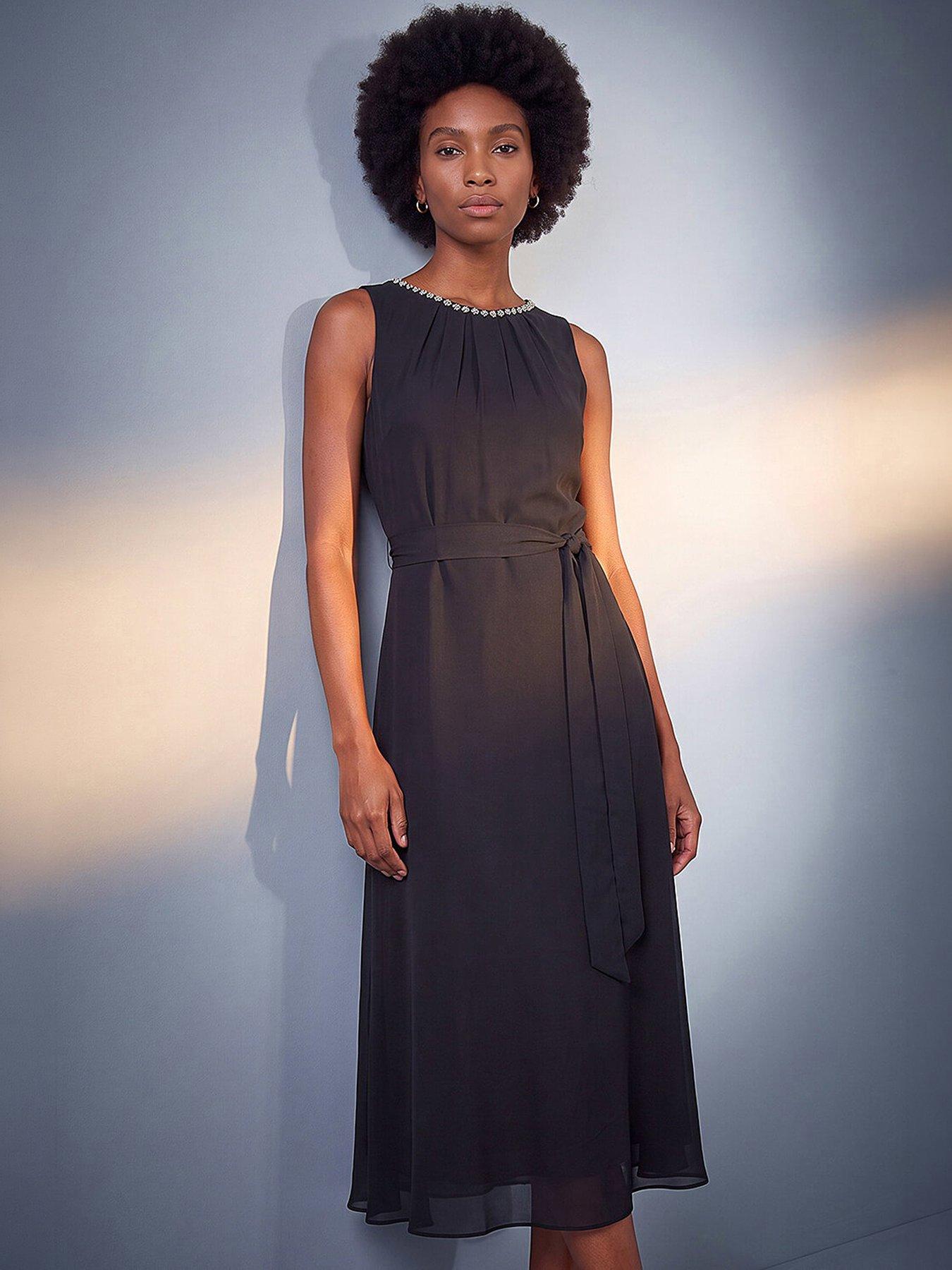 Image 1 of 4 of Roman Womens Diamante Trim Pleat Neck Midi Dress - Black