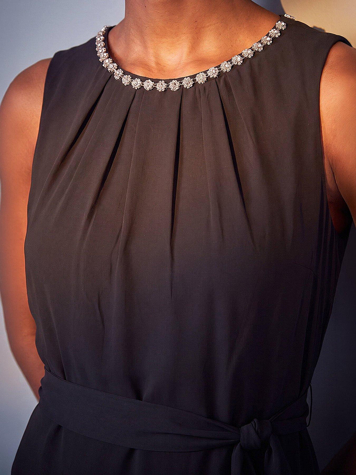 Image 2 of 4 of Roman Womens Diamante Trim Pleat Neck Midi Dress - Black