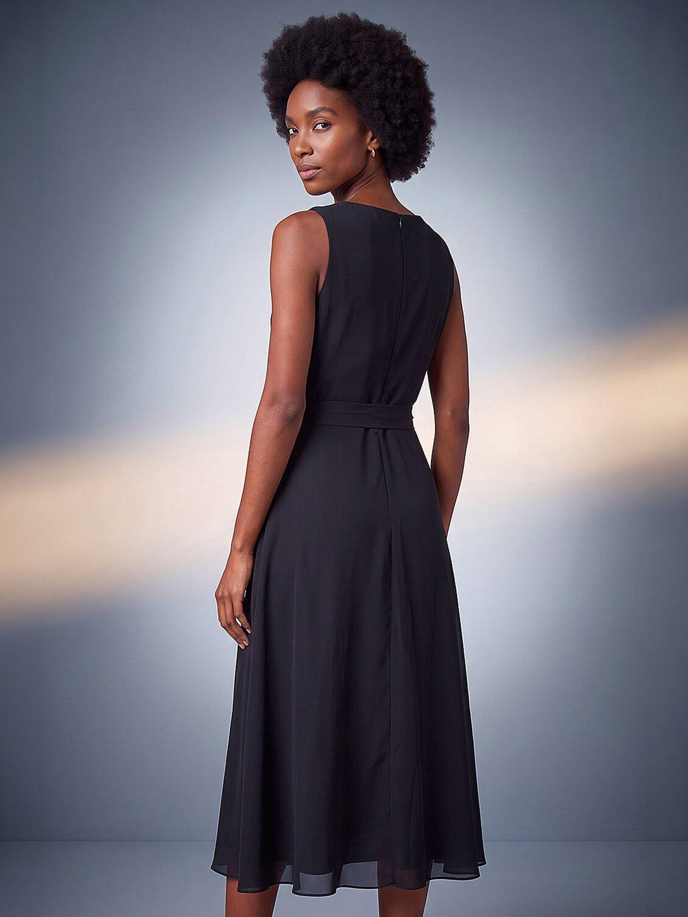 Image 3 of 4 of Roman Womens Diamante Trim Pleat Neck Midi Dress - Black
