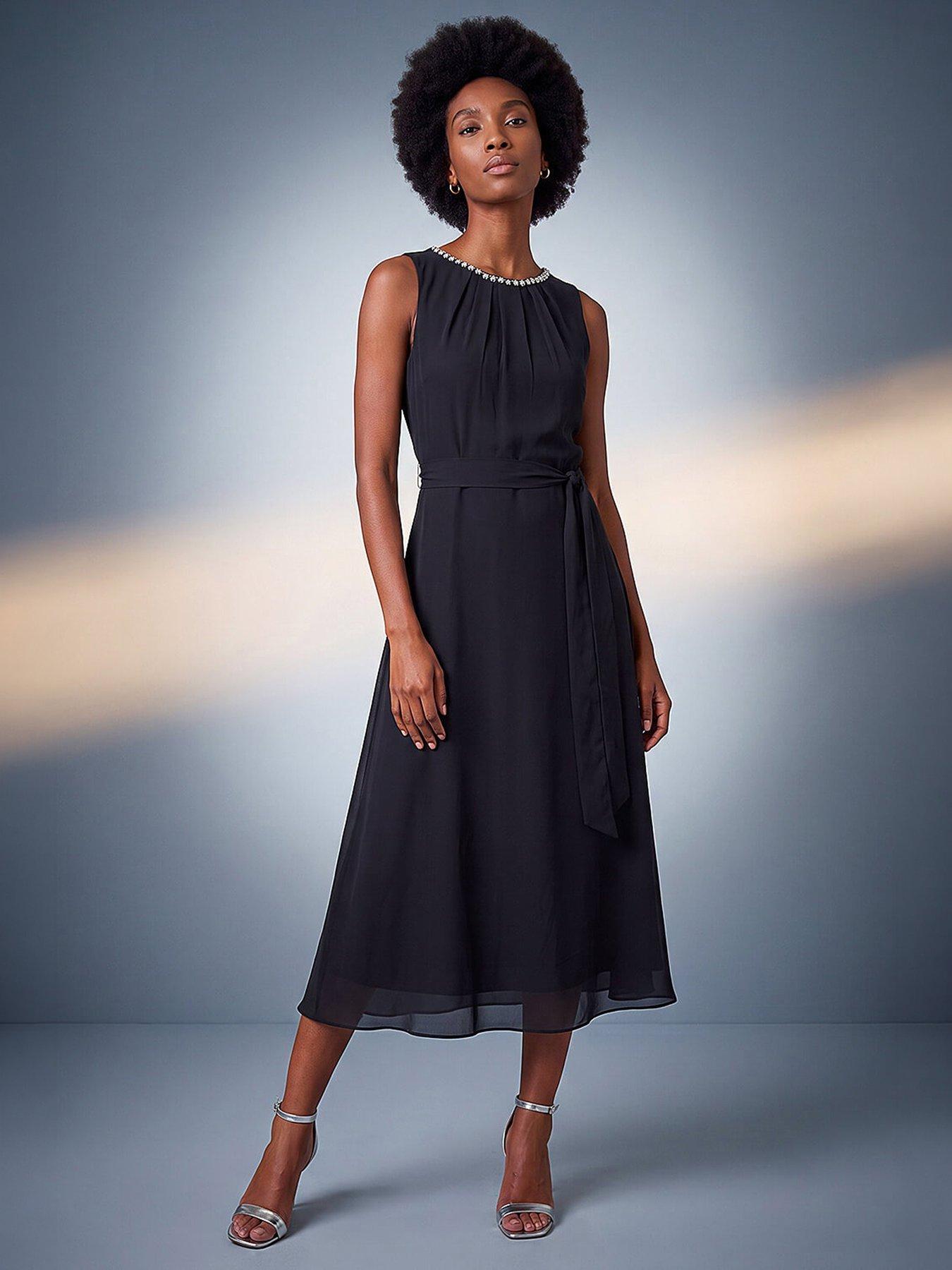 Image 4 of 4 of Roman Womens Diamante Trim Pleat Neck Midi Dress - Black
