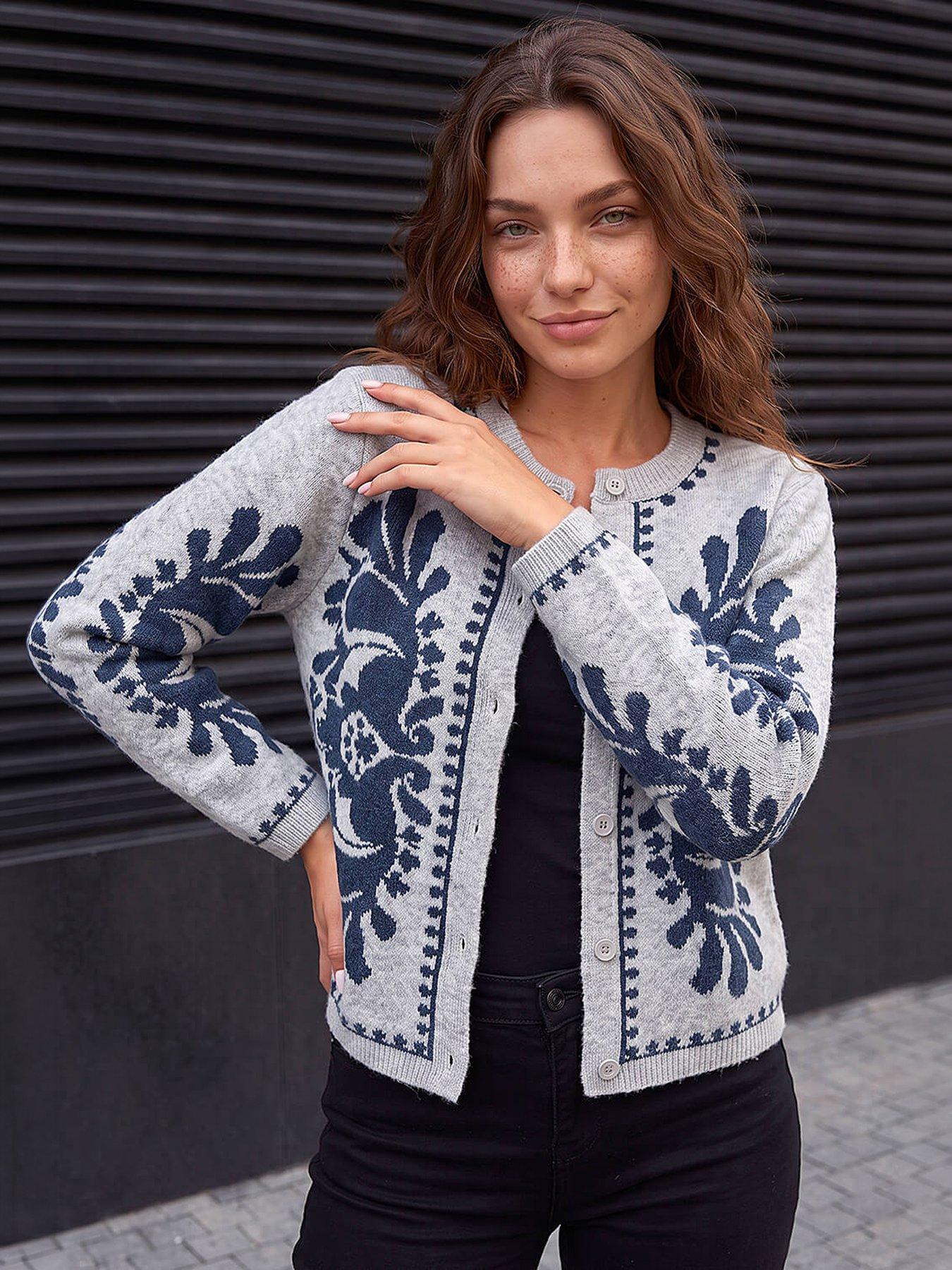 Roman Women's Navy Petite Abstract Buttoned Cardigan In | : Size 16 - Image 6