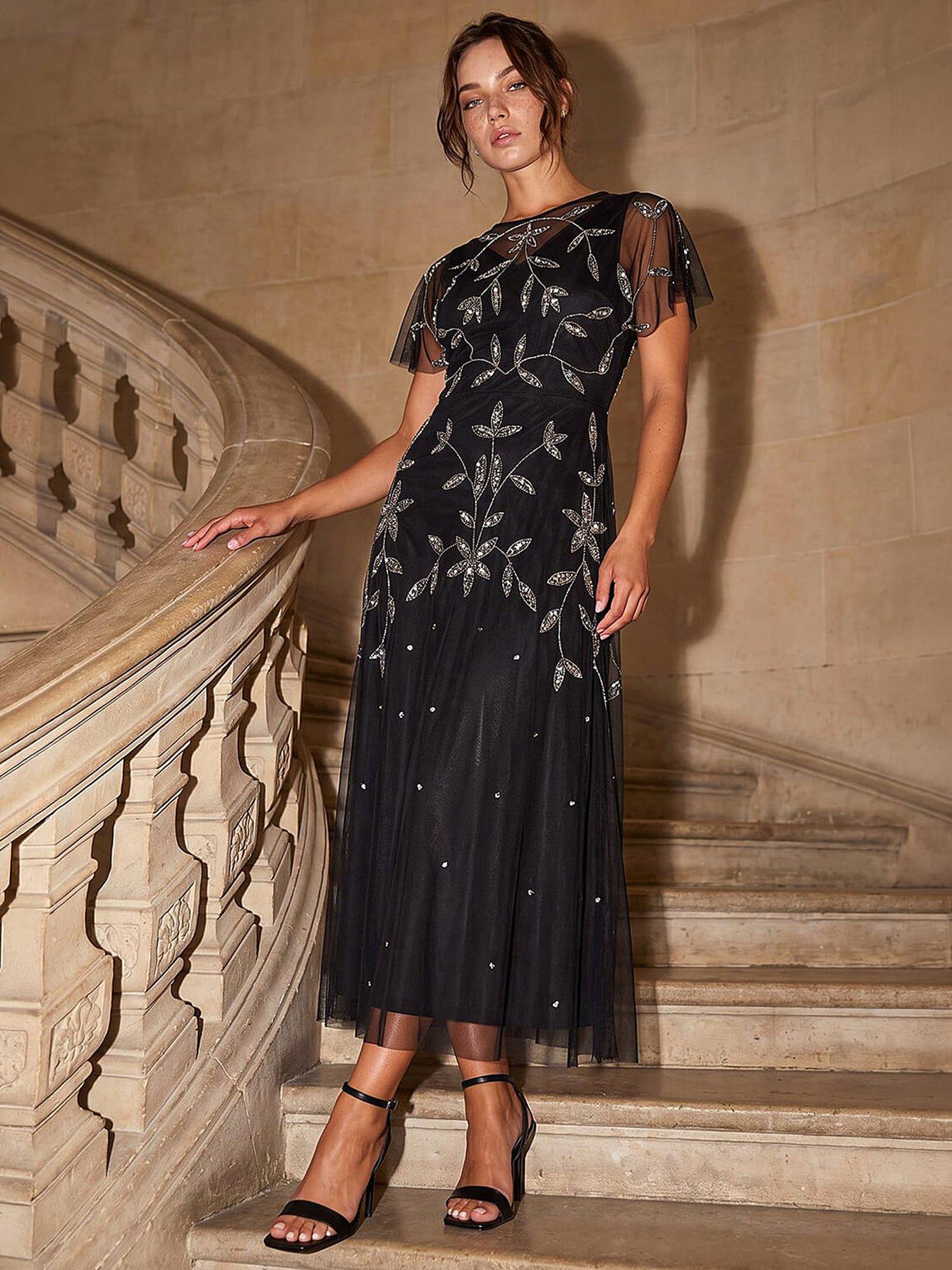 Image 1 of 4 of Roman Womens Petite Embroidered Mesh Layered Dress - Grey